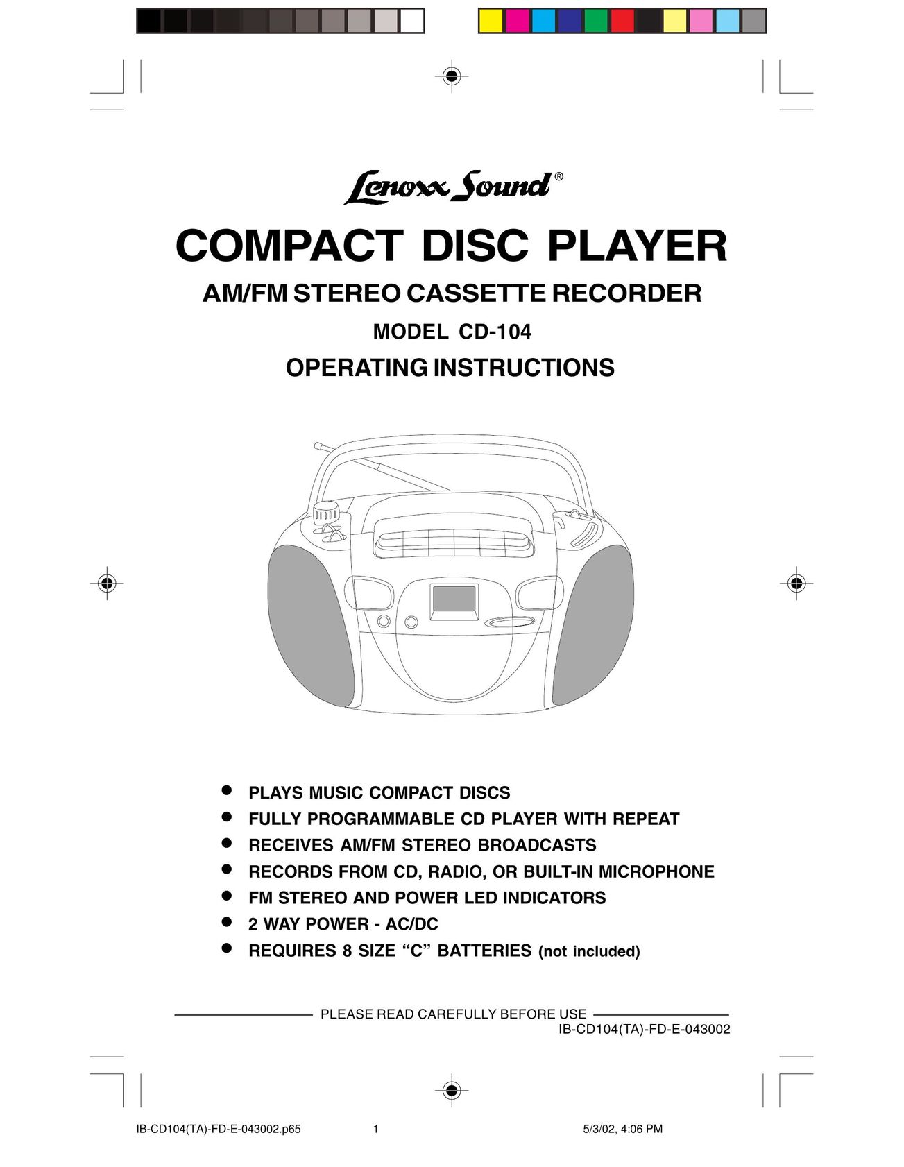 Lenoxx Electronics CD-104 CD Player User Manual