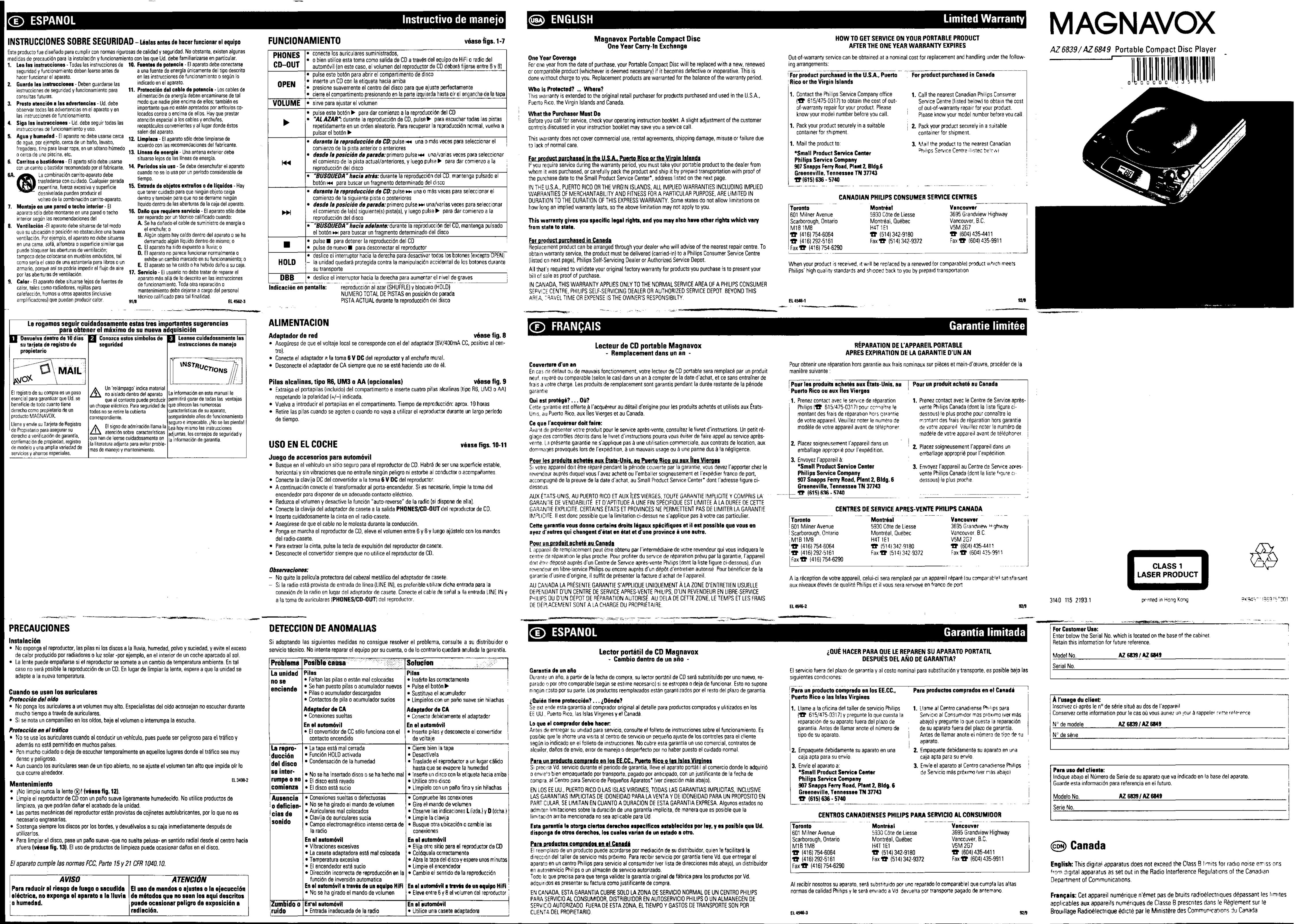 Magnavox AZ 6839 CD Player User Manual