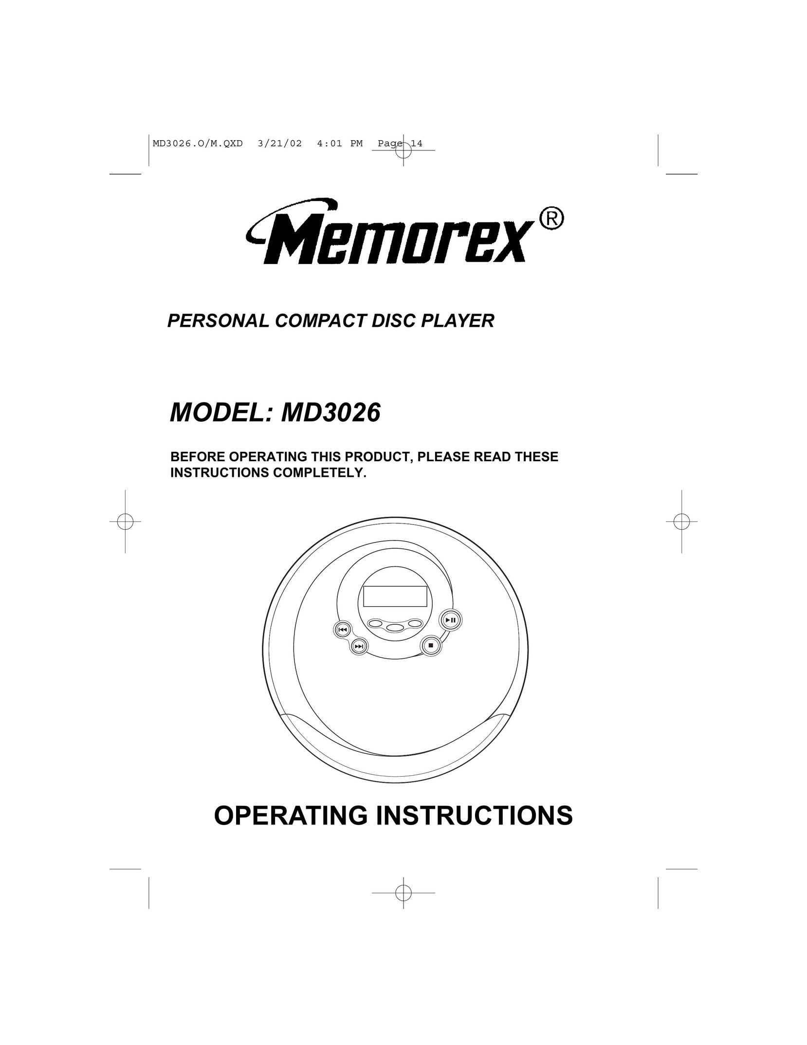 Memorex MD3026 CD Player User Manual