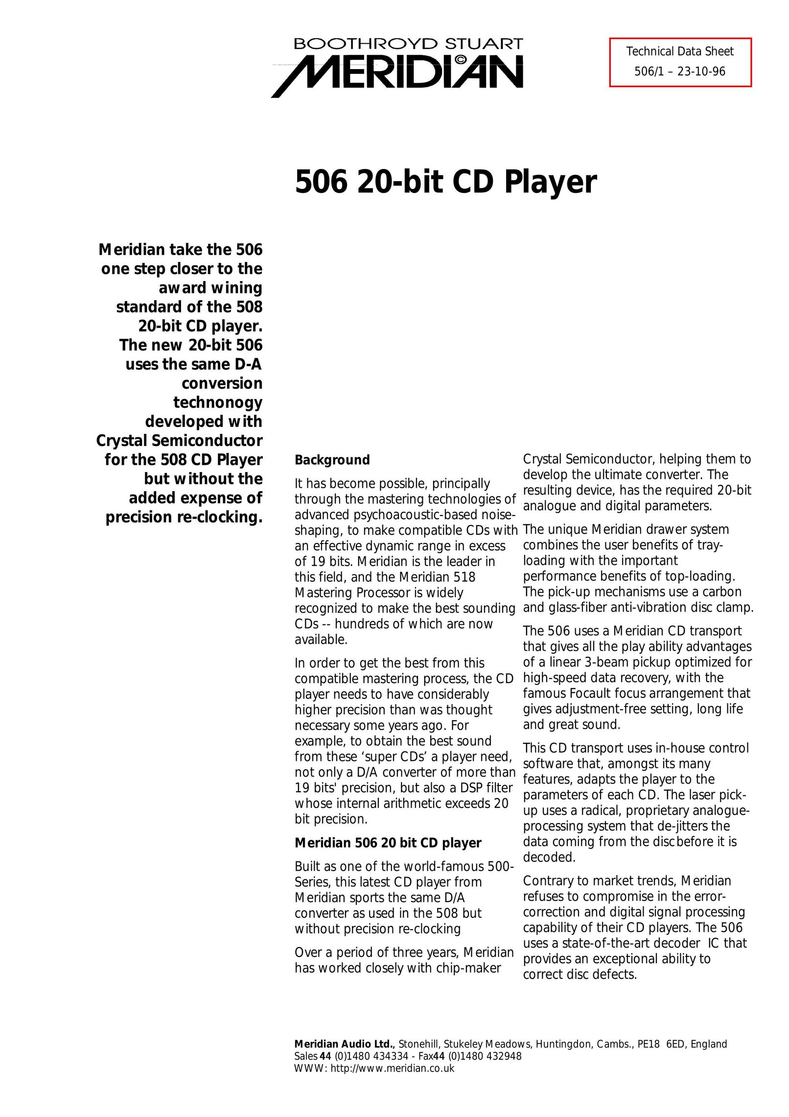 Meridian America 506/1 CD Player User Manual