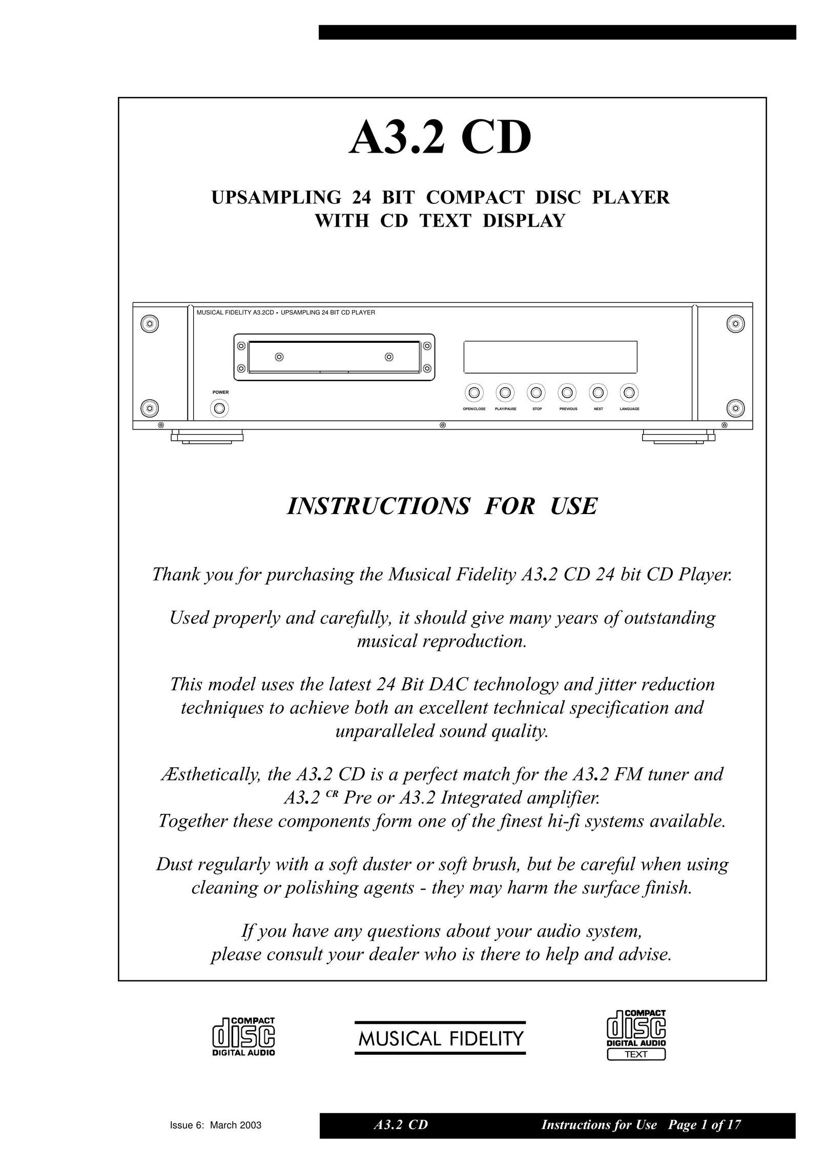 Musical Fidelity A3.2 CD CD Player User Manual