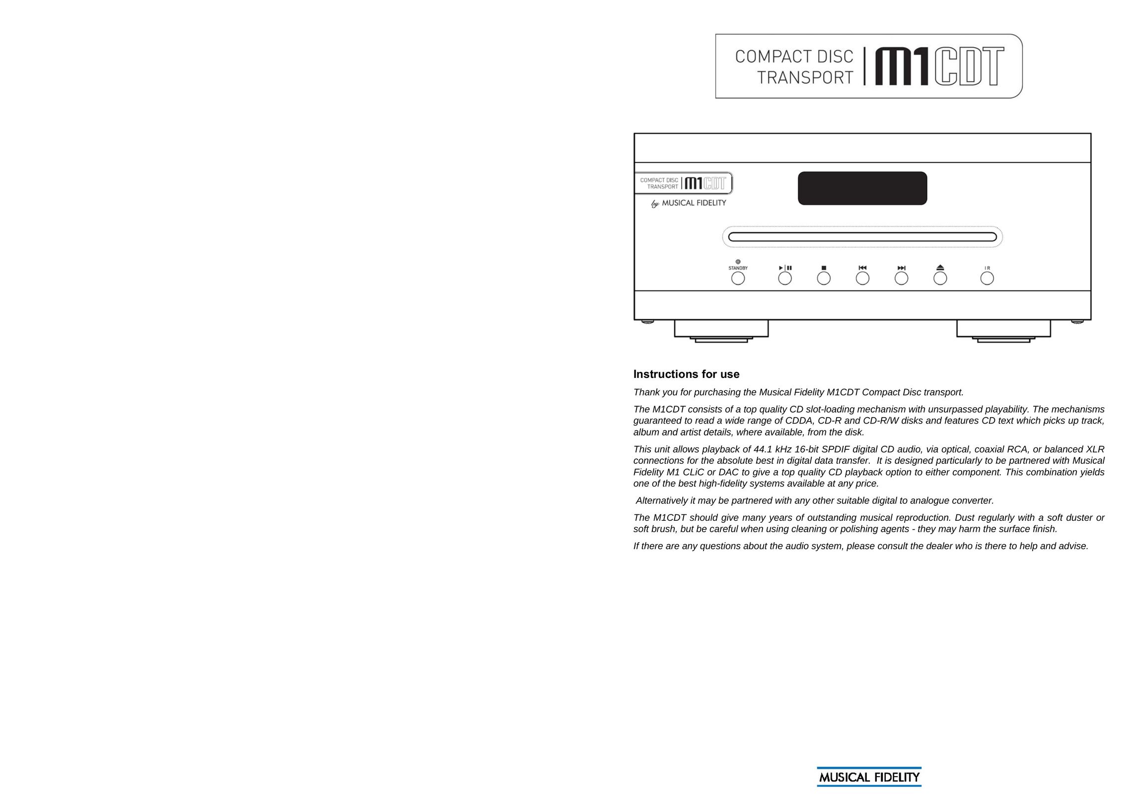 Musical Fidelity M1CDT CD Player User Manual