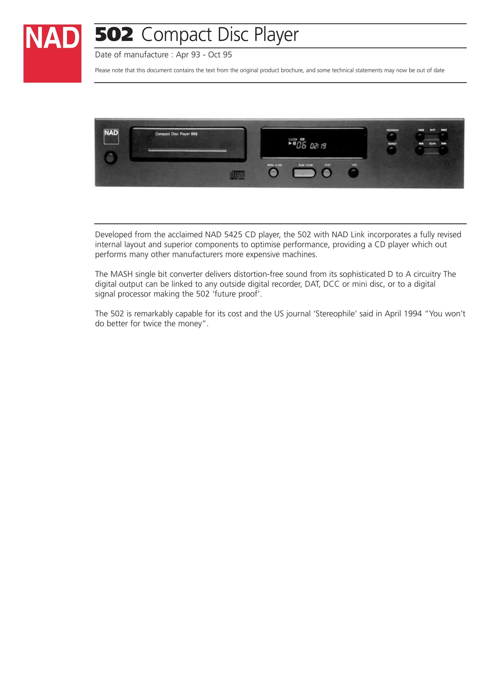 NAD 502 CD Player User Manual