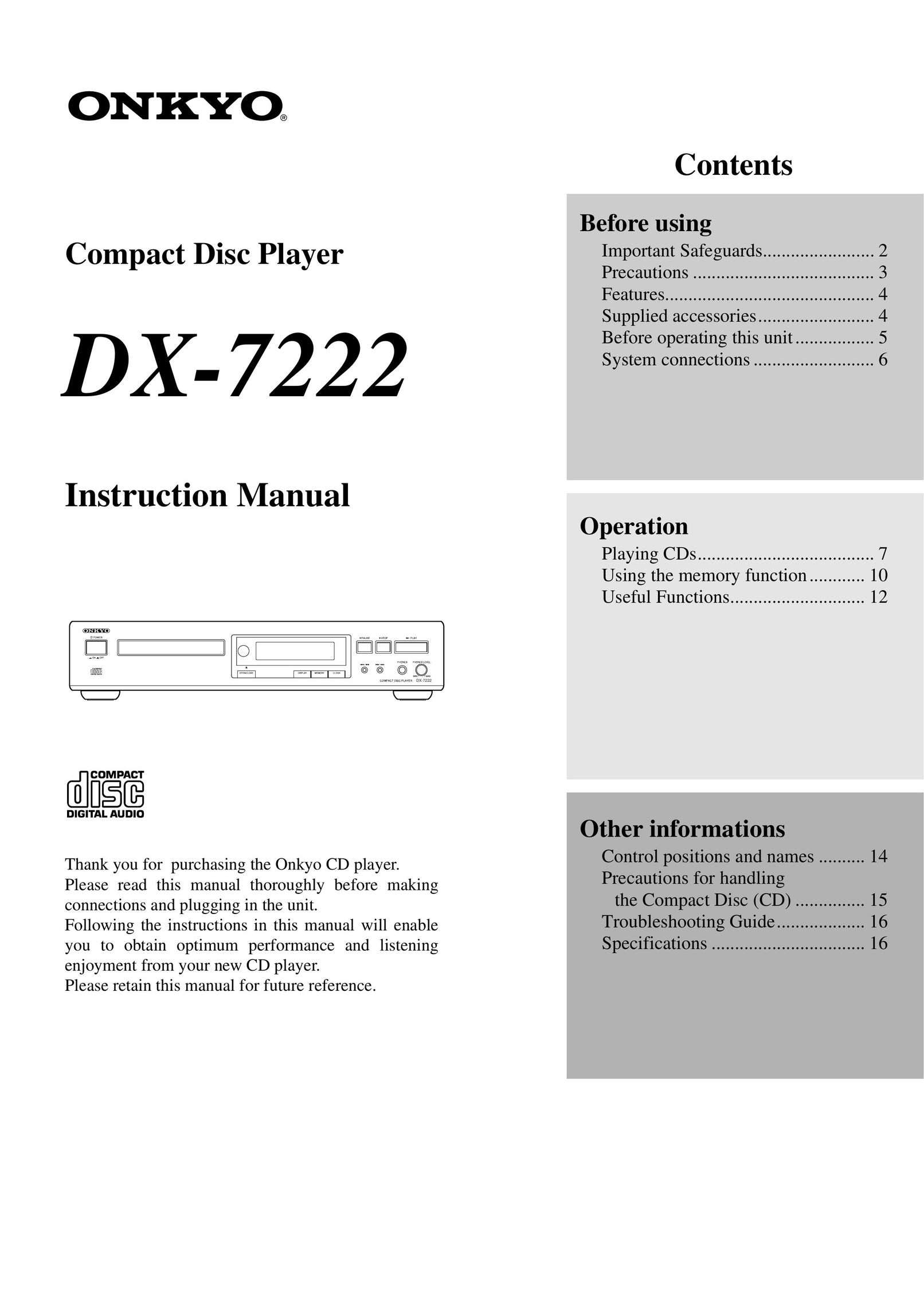 Onkyo DX-7222 CD Player User Manual