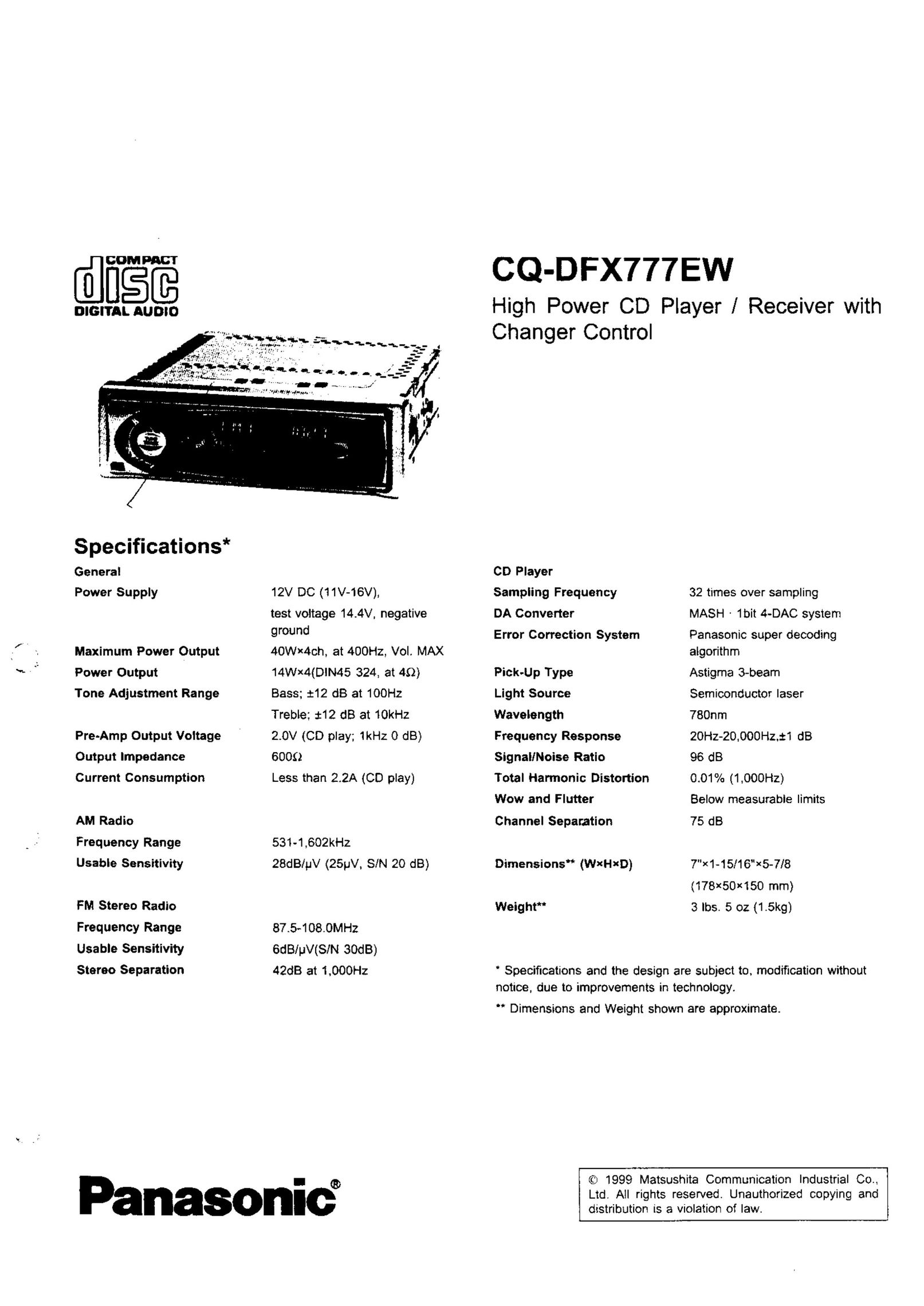 Panasonic CQ-DFX777EW CD Player User Manual