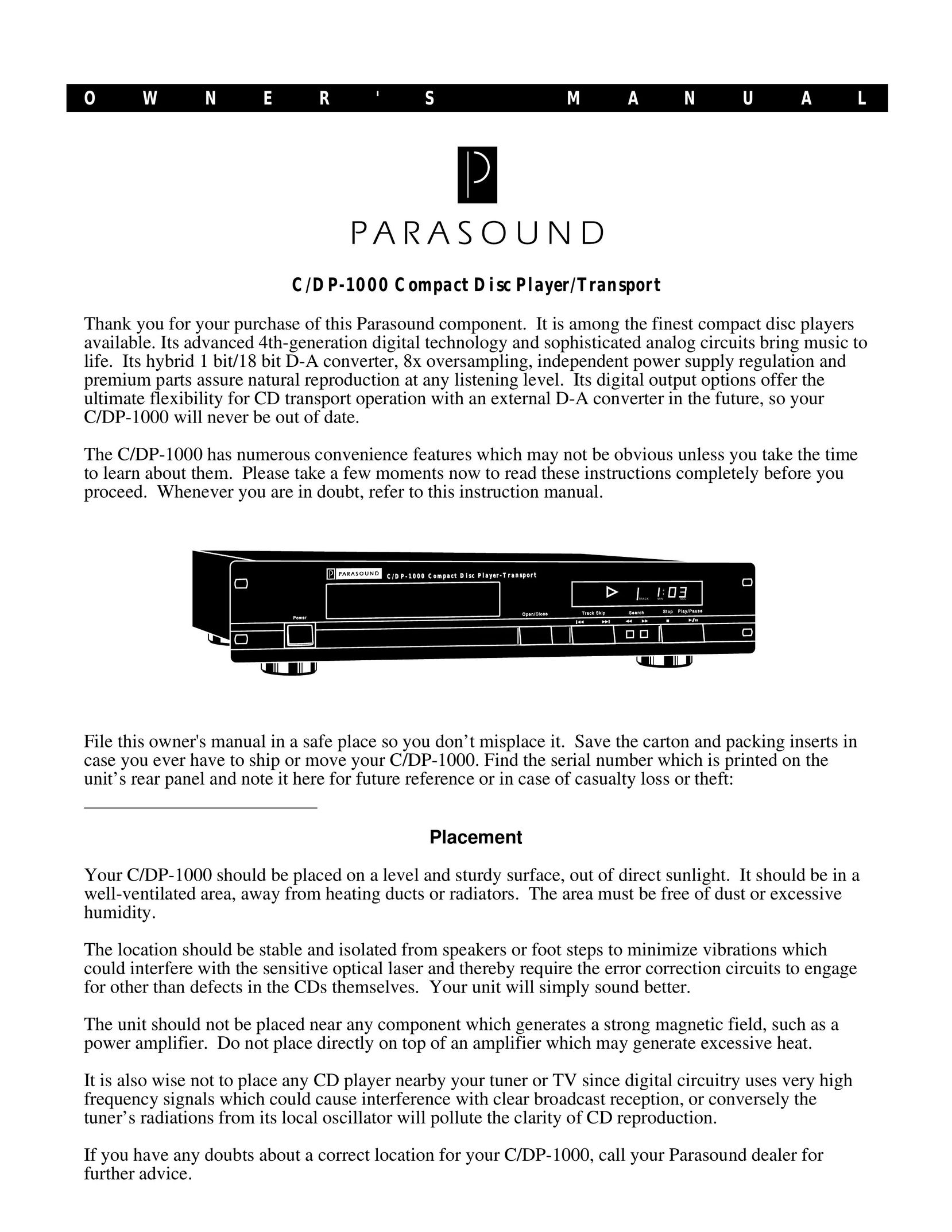 Parasound C/DP-1000 CD Player User Manual