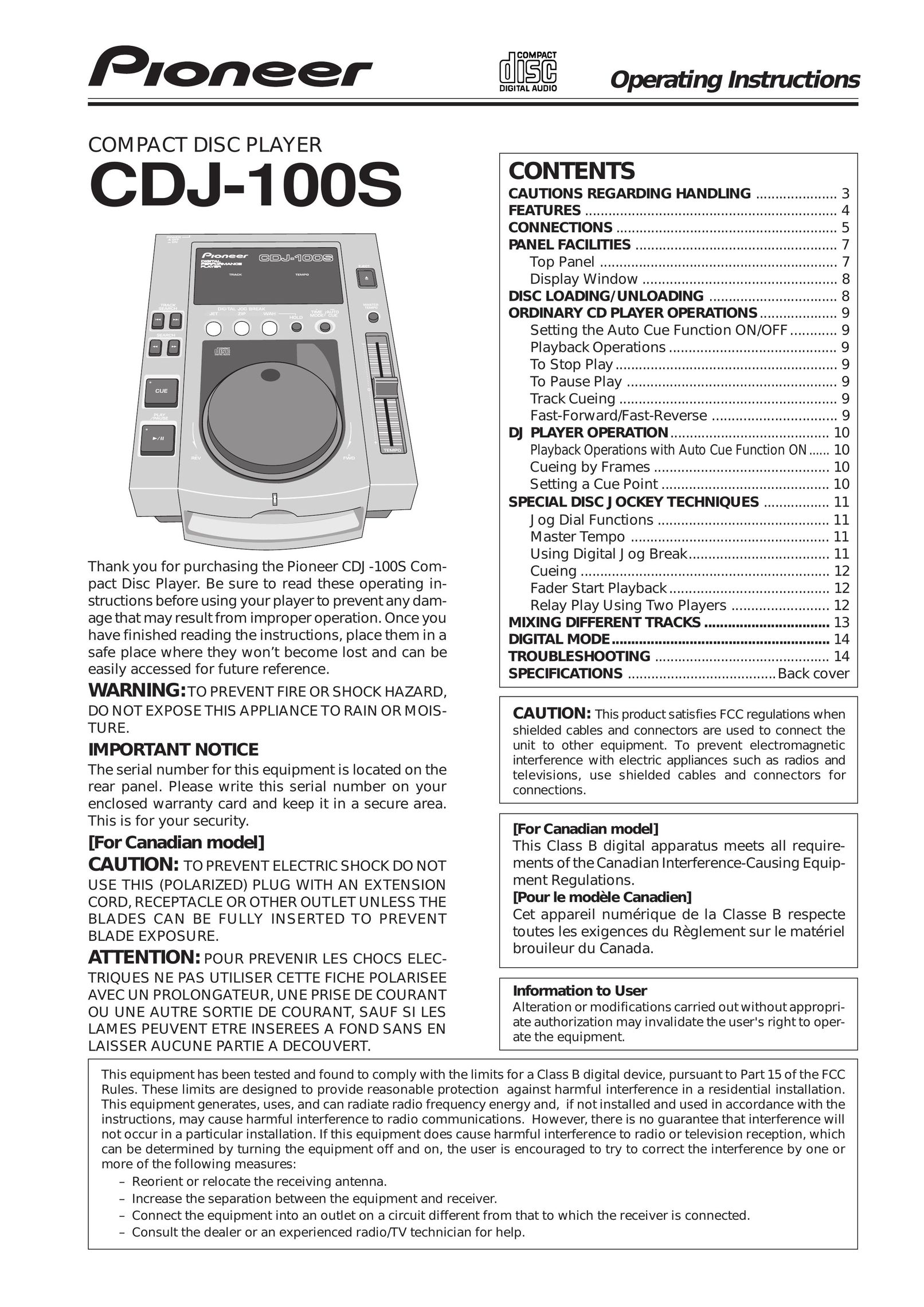 Pioneer CDJ-100S CD Player User Manual