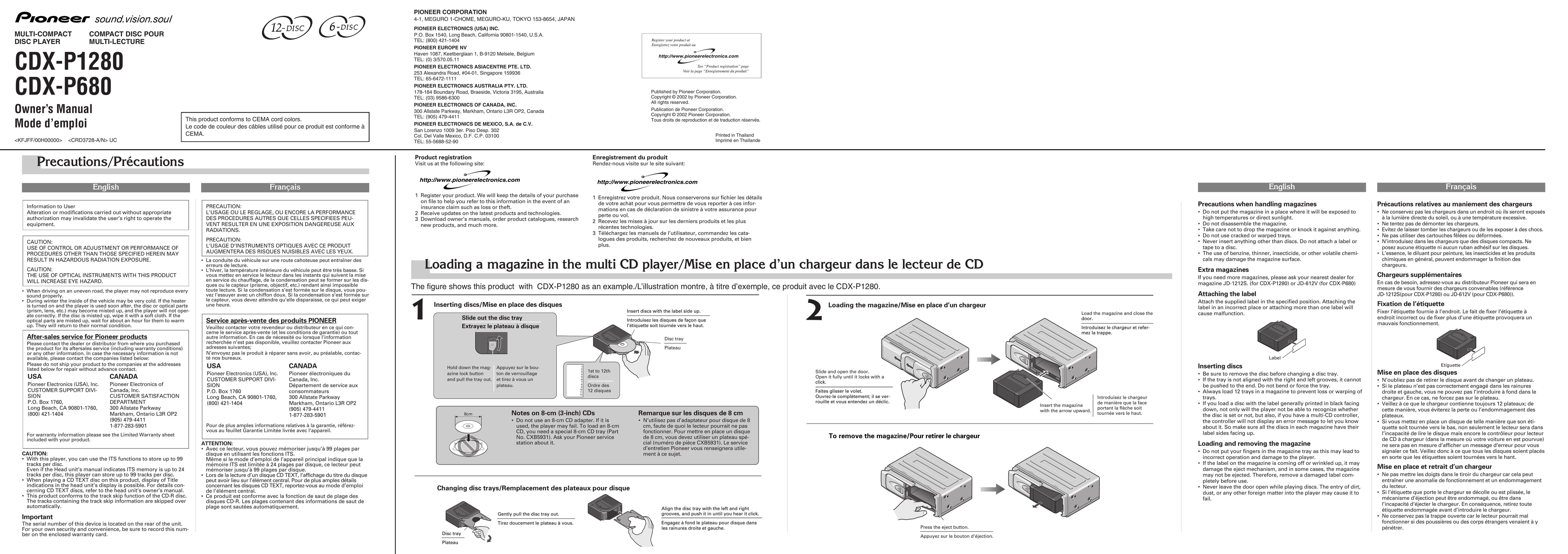 Pioneer CDX-P1280 CD Player User Manual