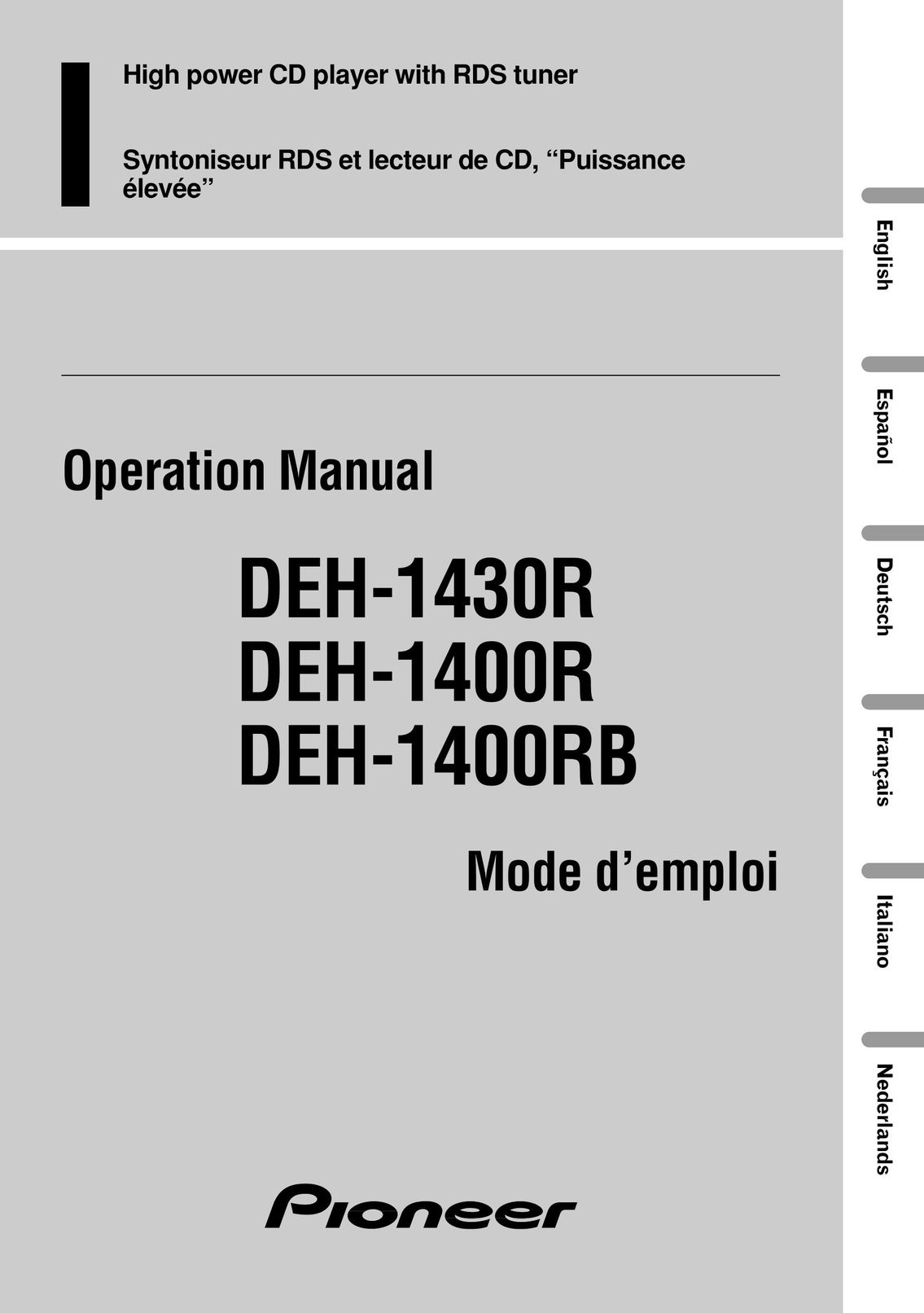 Pioneer DEH-1400R CD Player User Manual