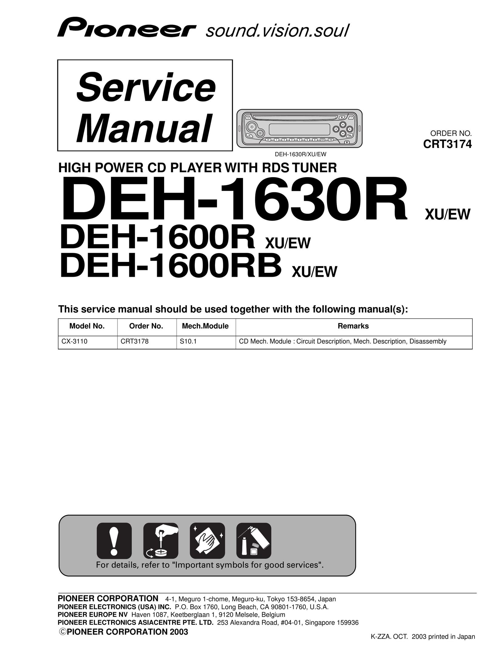 Pioneer DEH-1600R CD Player User Manual