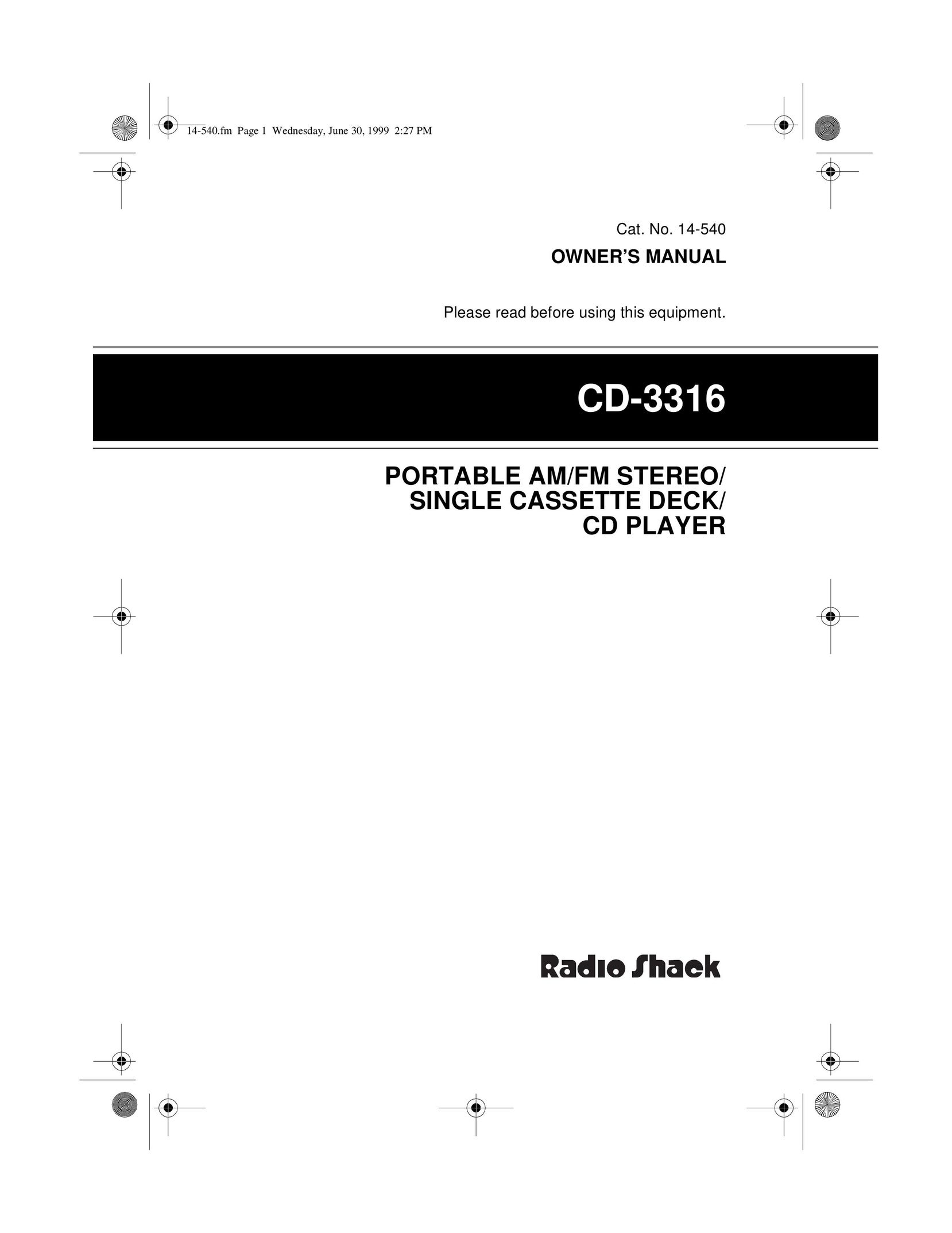 Radio Shack CD-3316 CD Player User Manual