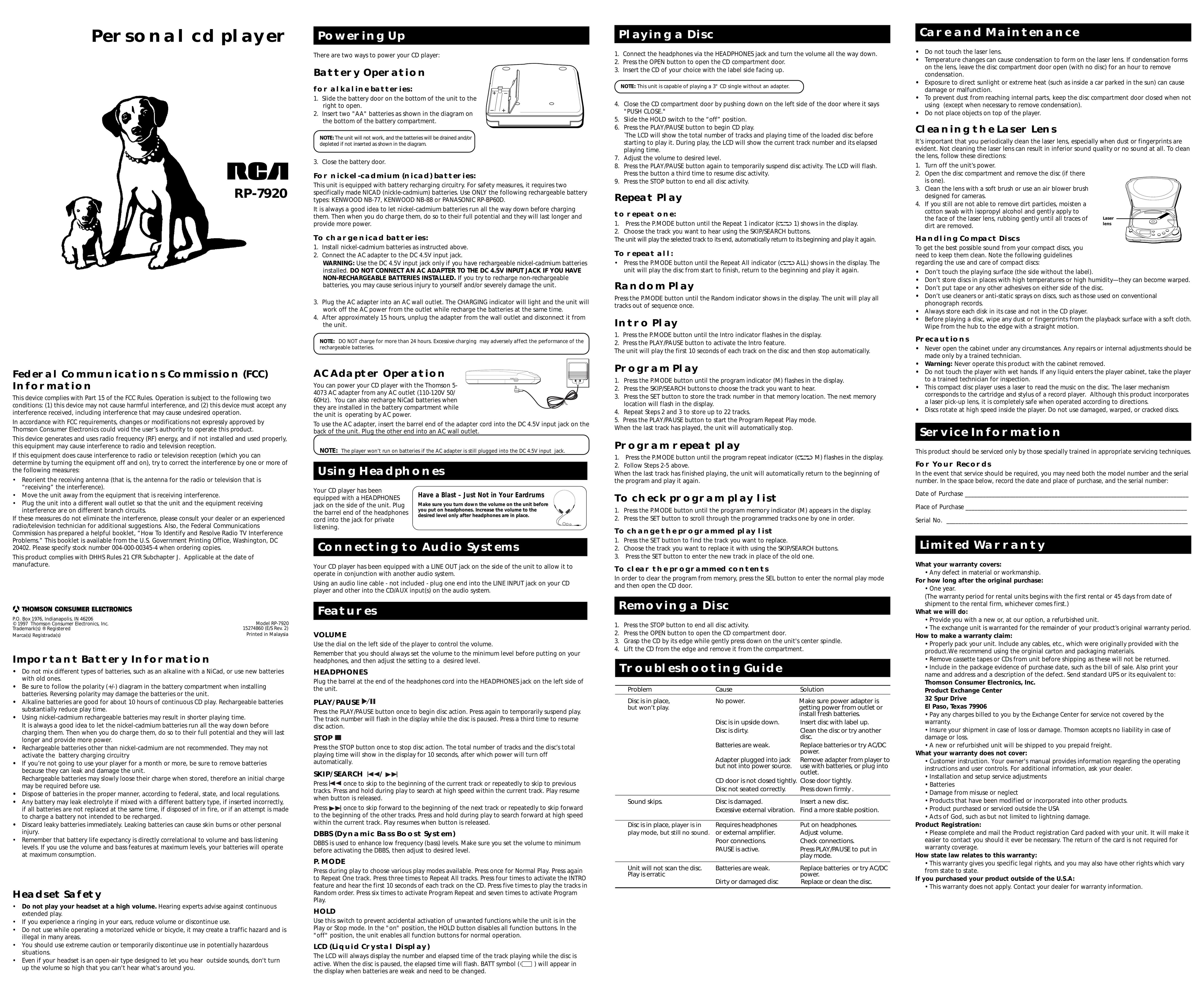 RCA RP-7920 CD Player User Manual