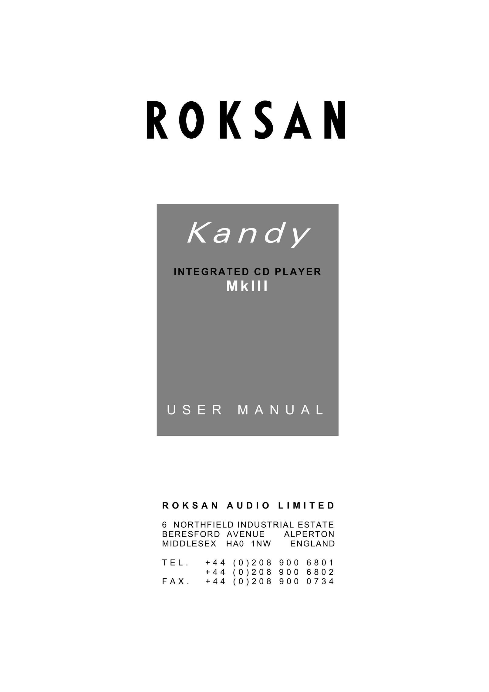 Roksan Audio Kandy MkIII CD Player User Manual