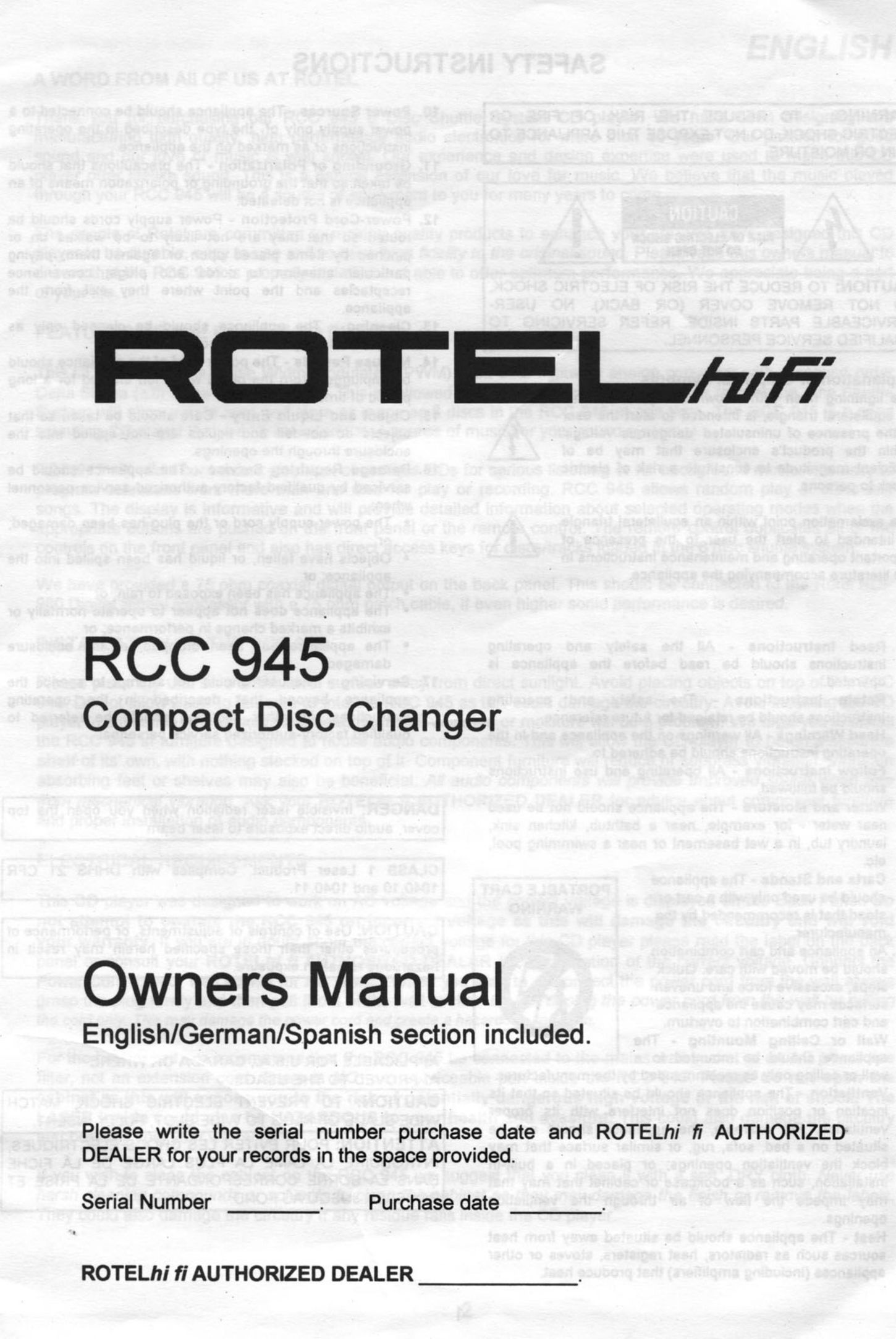Rotel RCC 945 CD Player User Manual