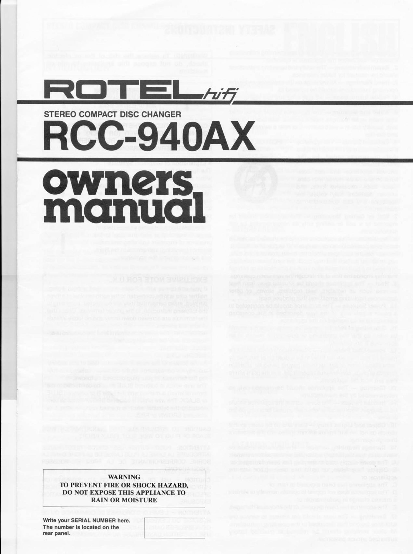 Rotel RCC-940AX CD Player User Manual