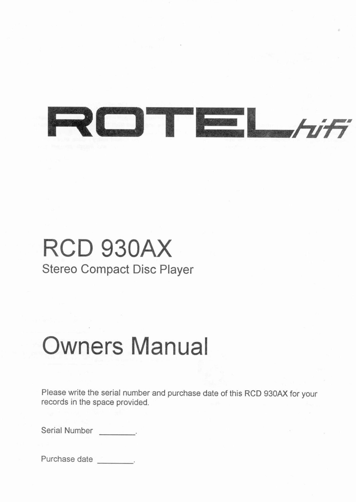 Rotel RCD 930AX CD Player User Manual