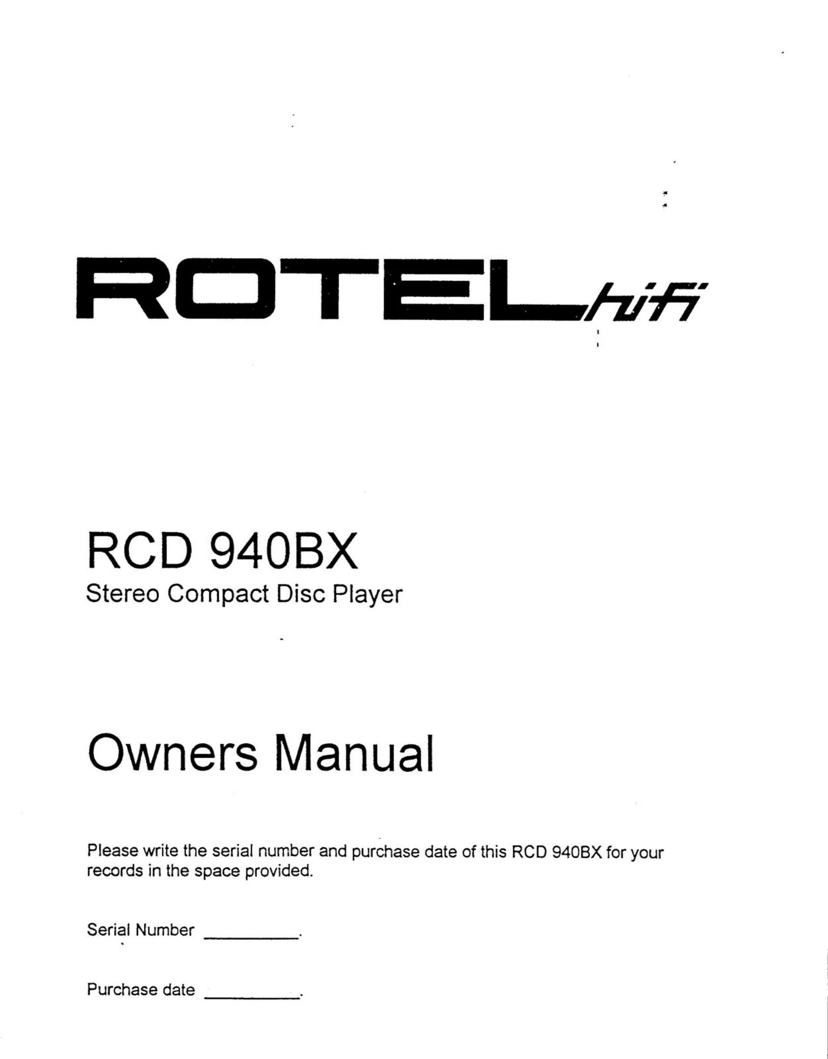 Rotel RCD 940BX CD Player User Manual