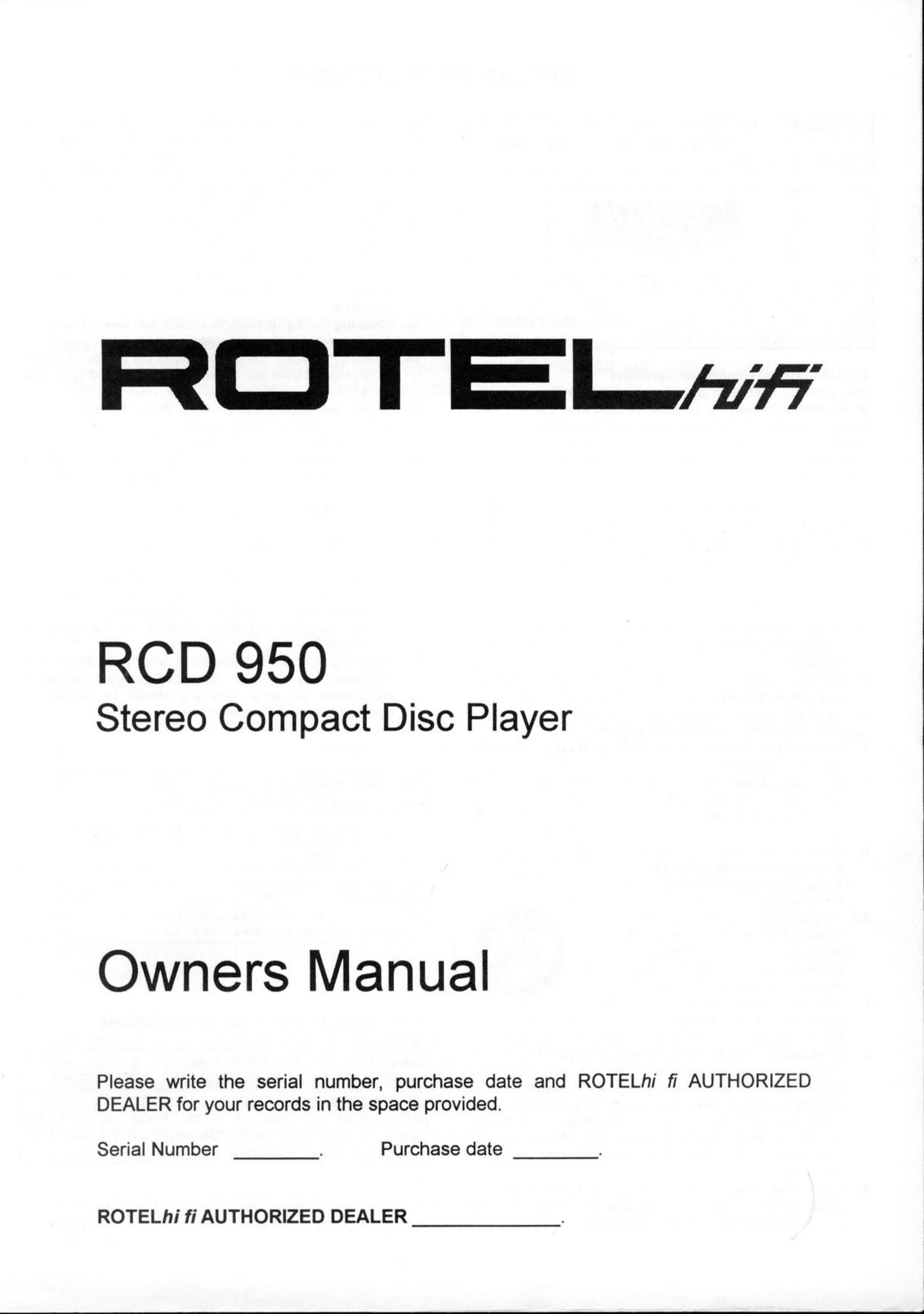 Rotel RCD 950 CD Player User Manual
