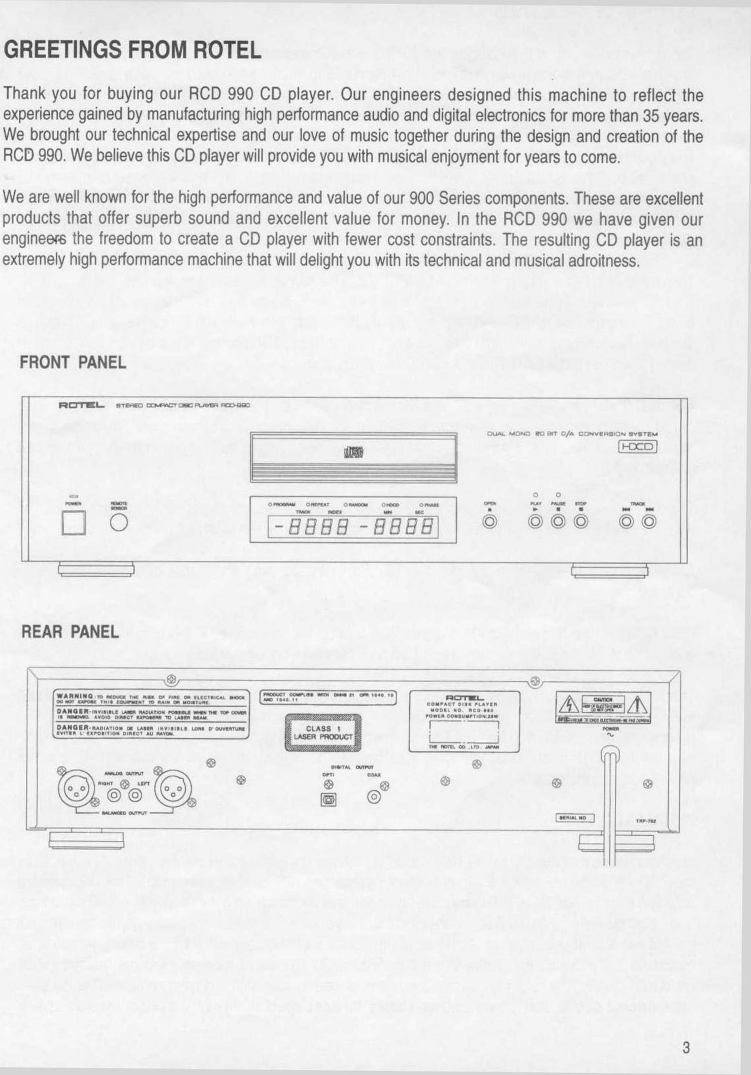 Rotel RCD 990 CD Player User Manual