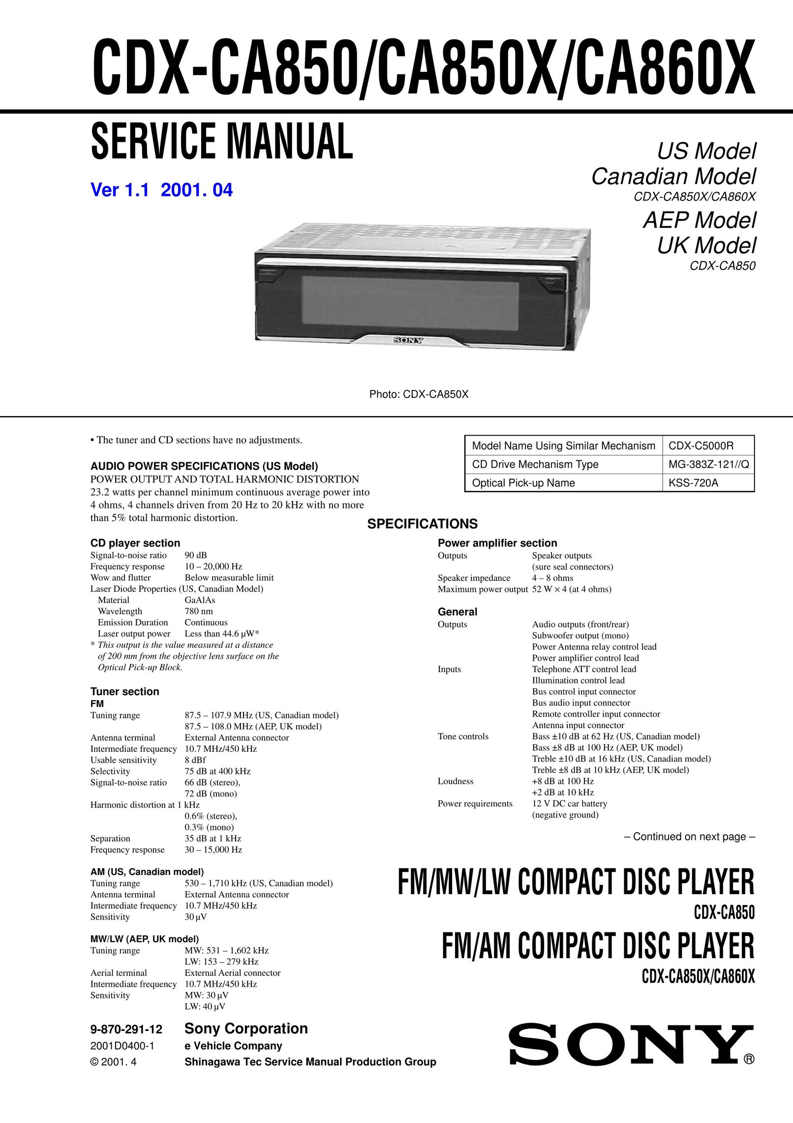 Sony Ericsson CDX-CA850 CD Player User Manual
