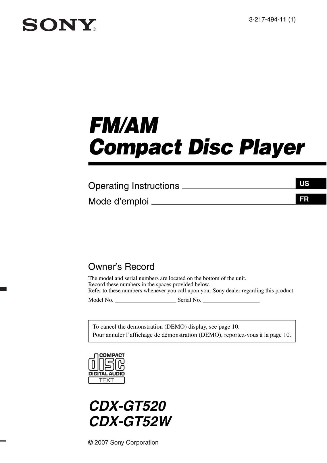 Sony Ericsson CDX-GT52W CD Player User Manual