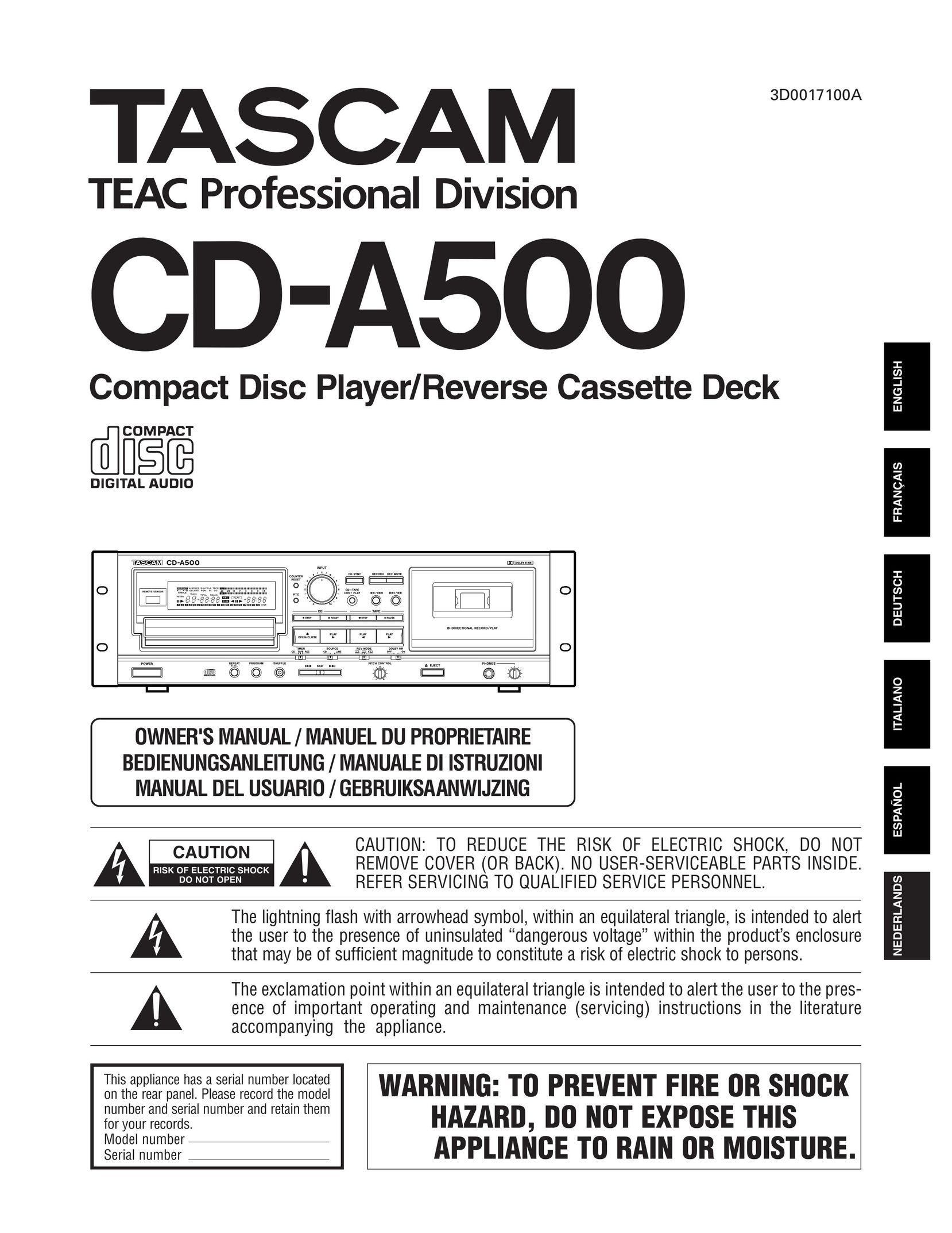 Tascam CD-A500 CD Player User Manual