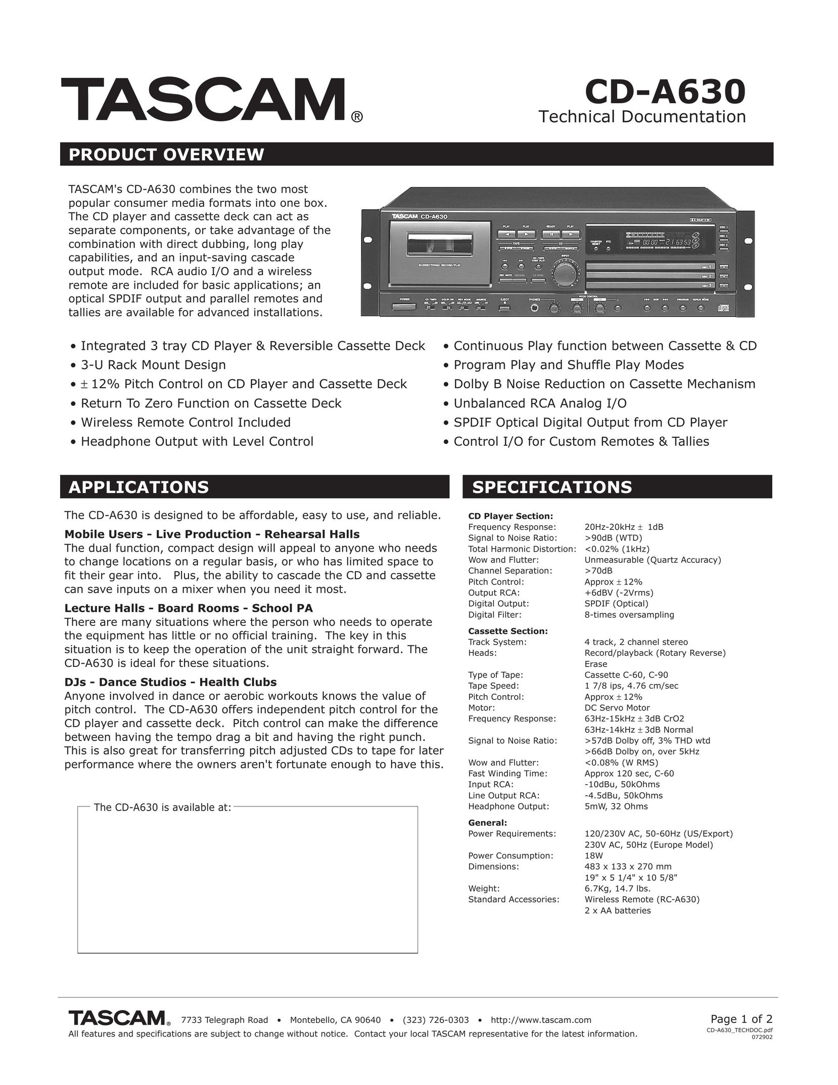 Tascam CD-A630 CD Player User Manual
