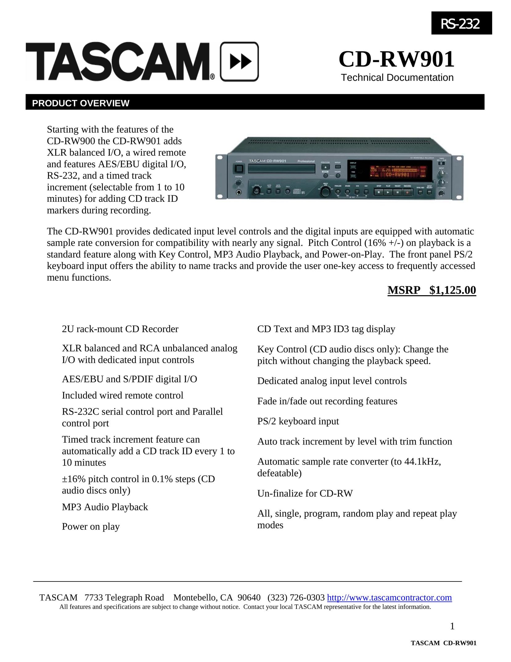 Tascam CD-RW901 CD Player User Manual