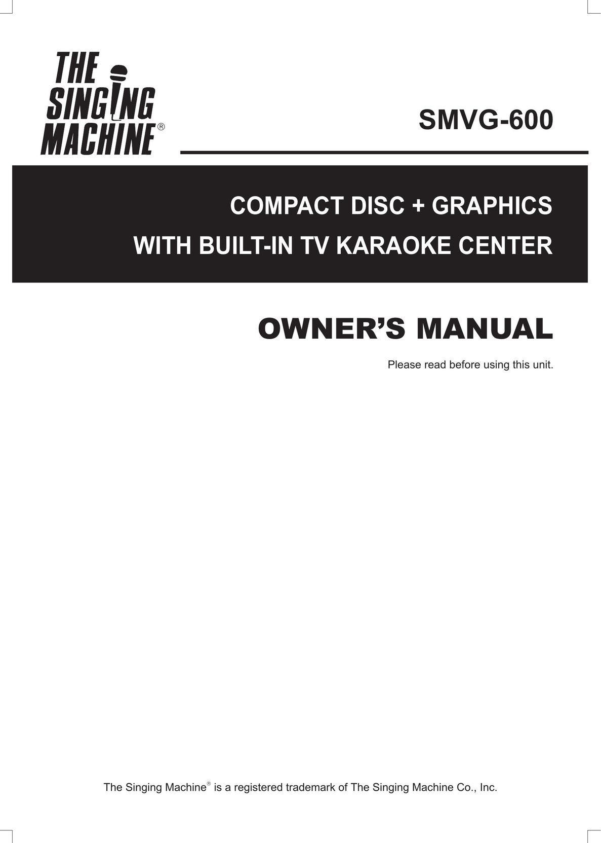 The Singing Machine SMVG-600 CD Player User Manual