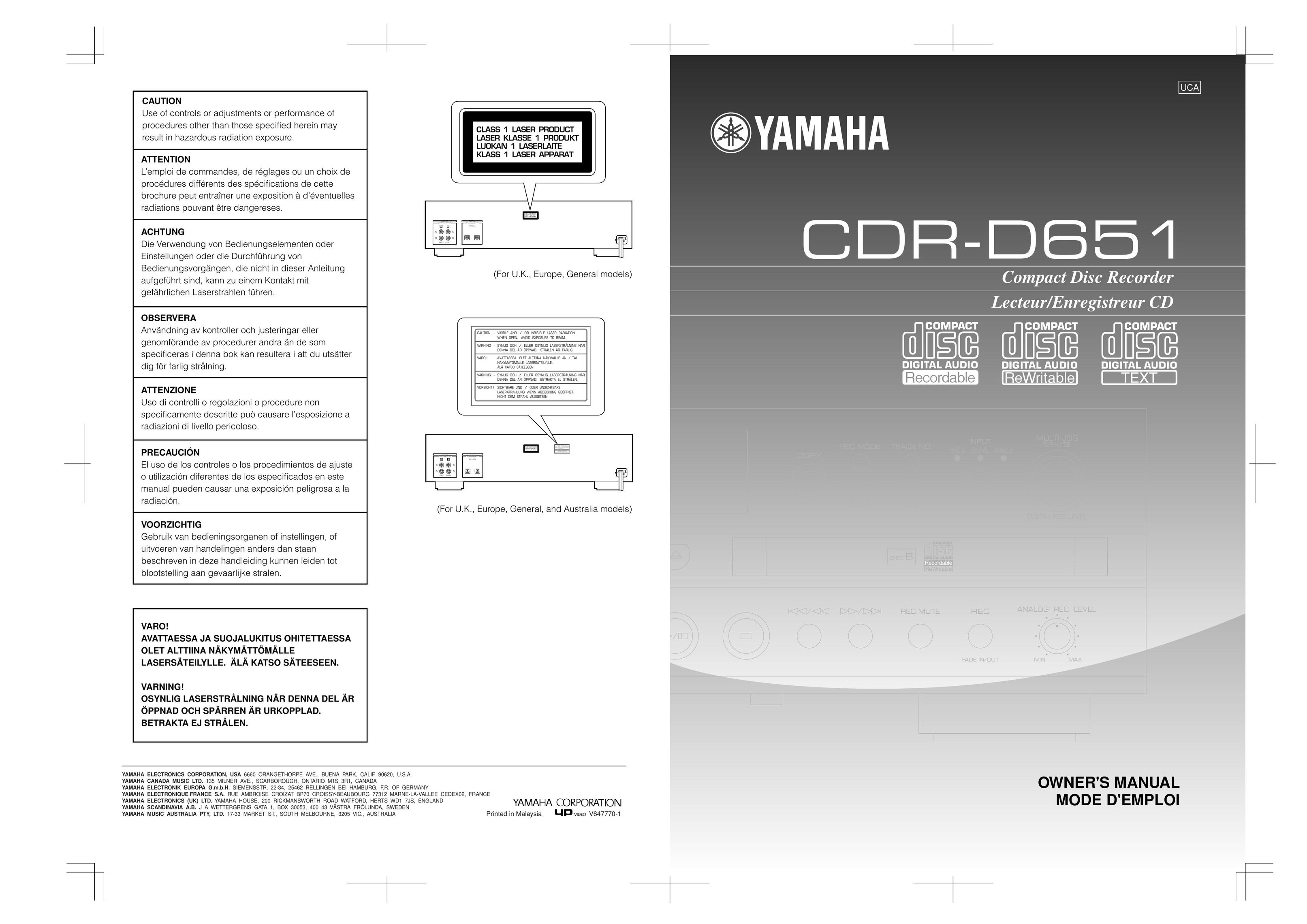 Yamaha CDR-D651 CD Player User Manual