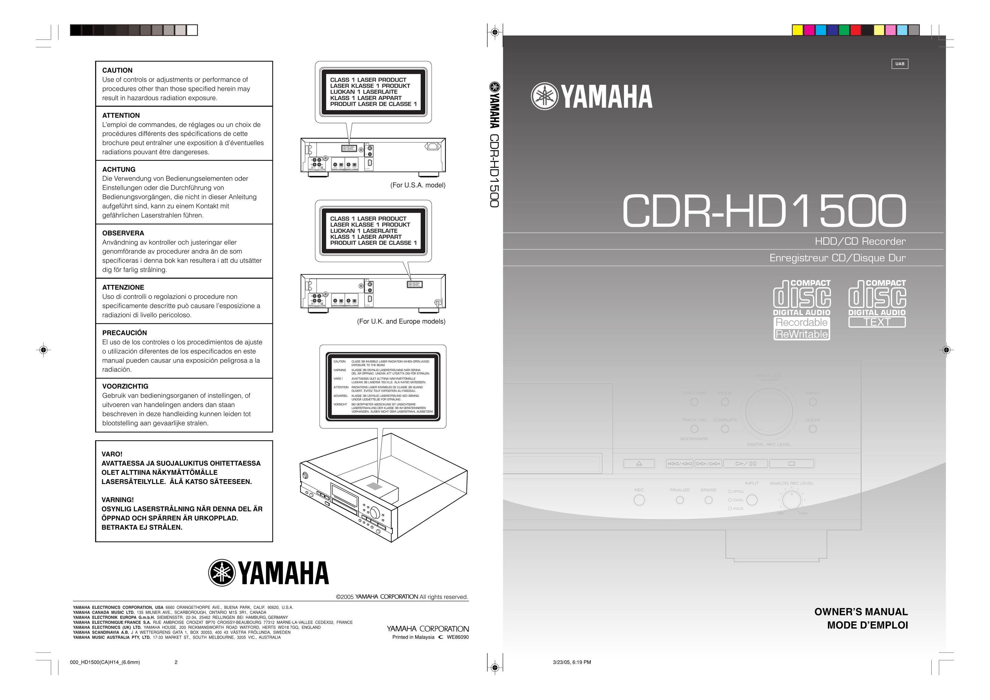 Yamaha CDR-HD 1500 CD Player User Manual