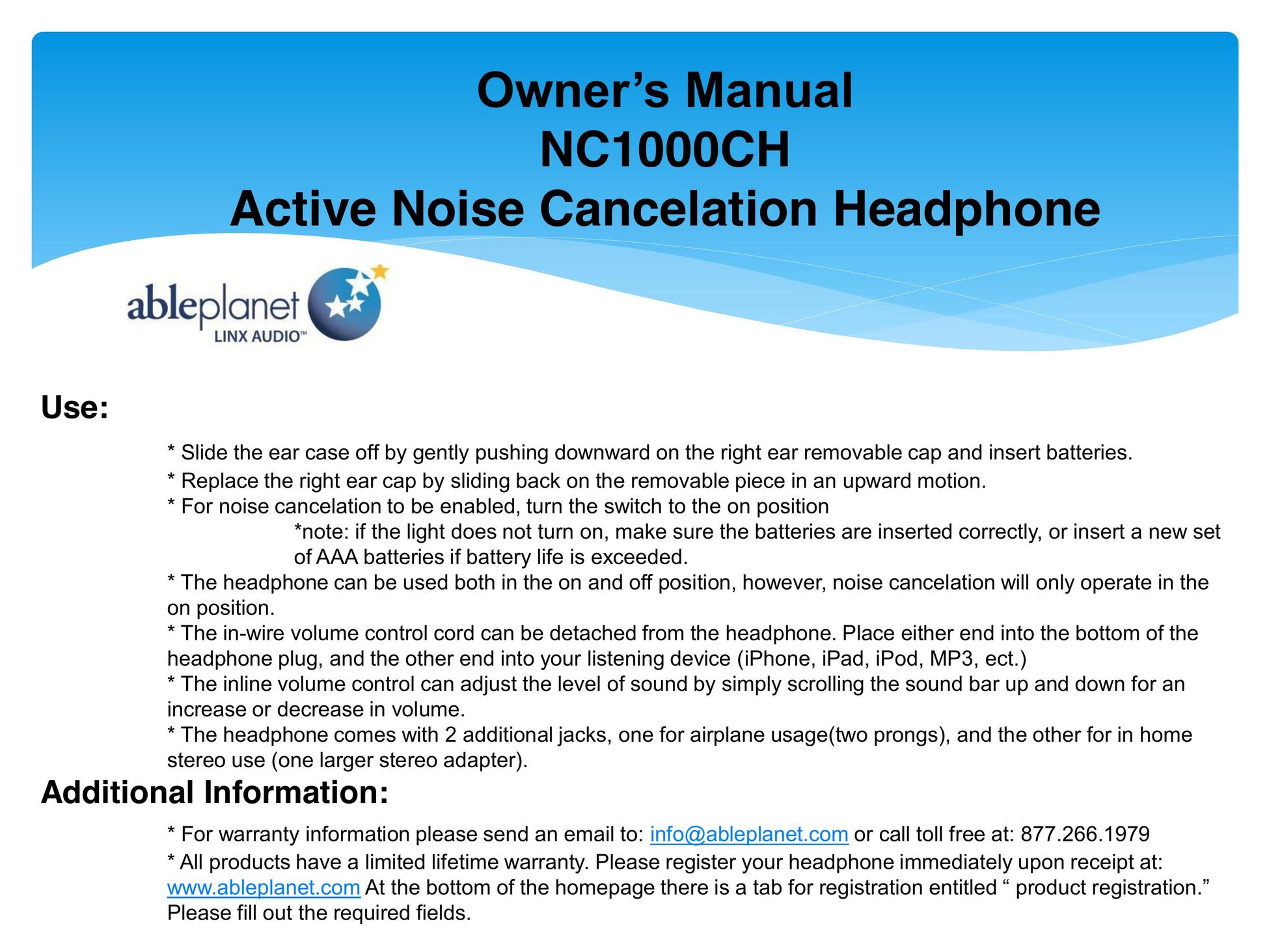 Able Planet NC1000CH Headphones User Manual