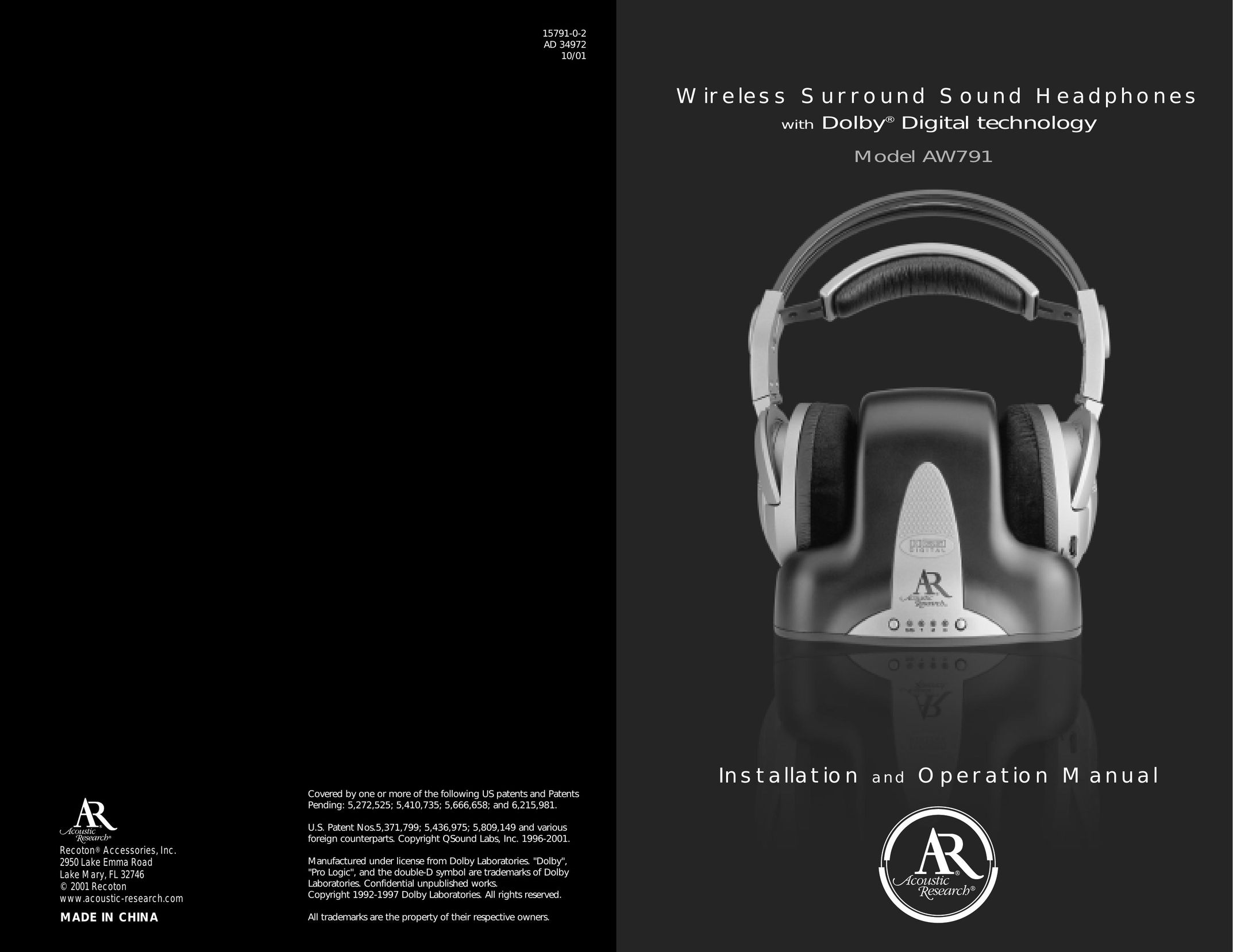 Acoustic Research AW791 Headphones User Manual