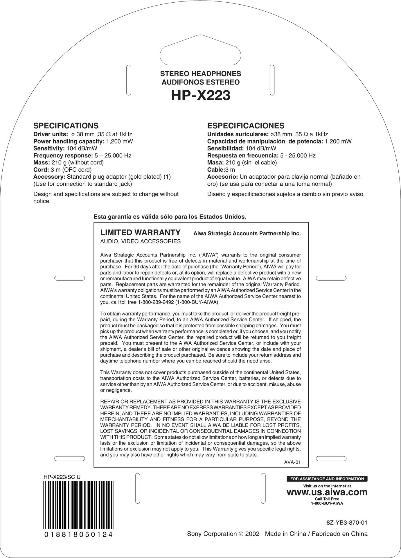Aiwa HP-X223 Headphones User Manual