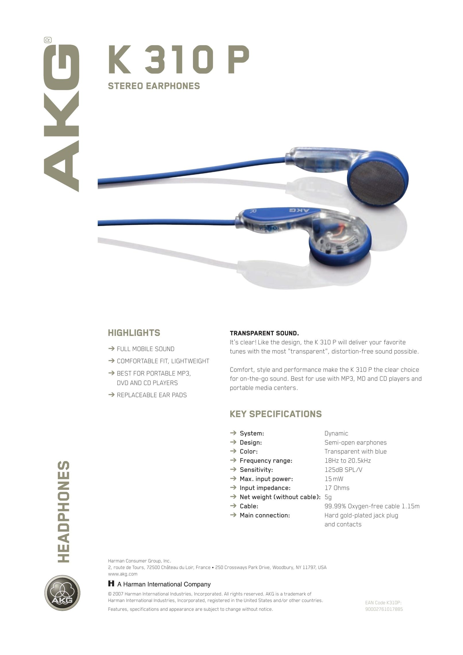 AKG Acoustics K310P Headphones User Manual