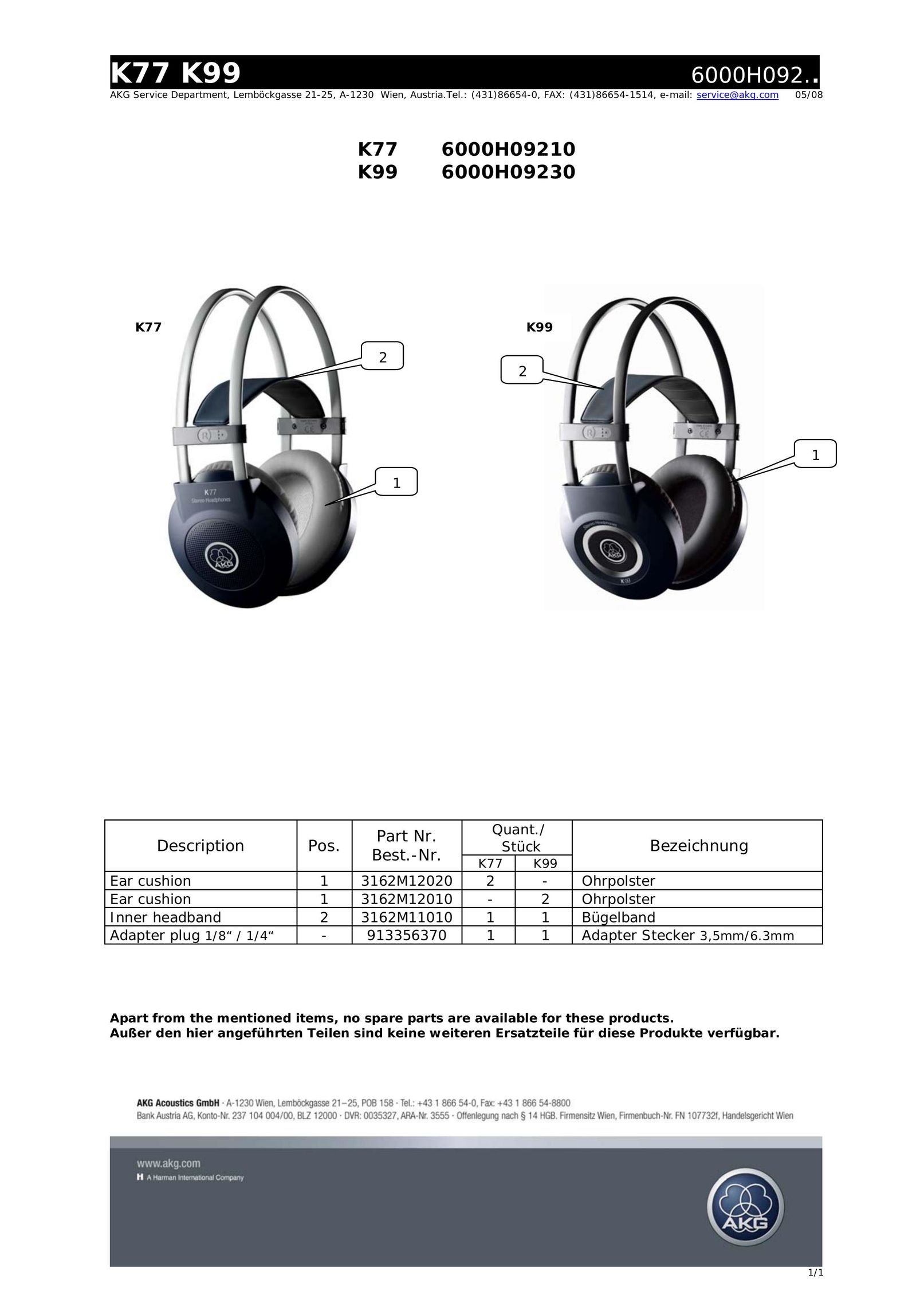 AKG Acoustics K77 Headphones User Manual