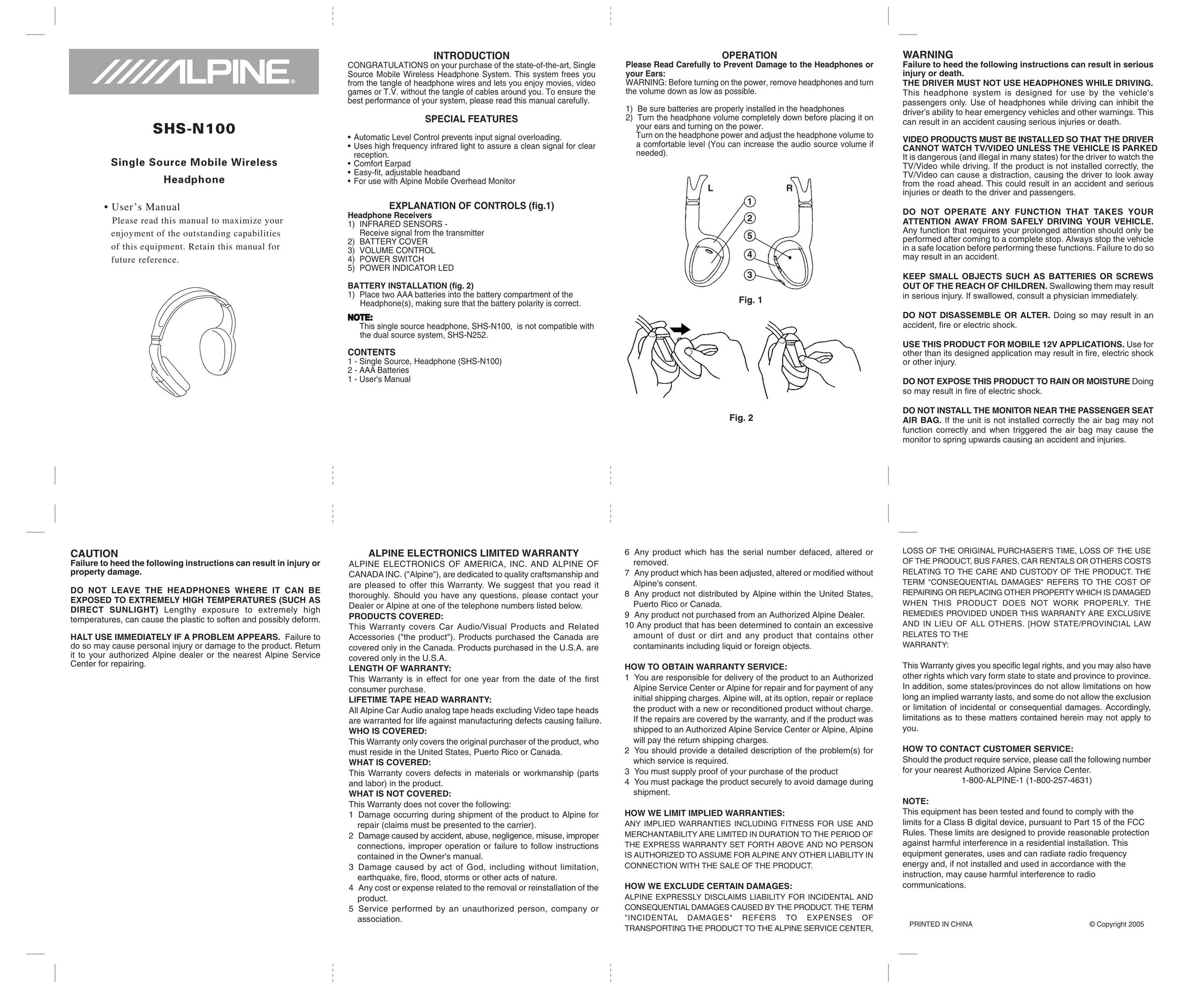 Alpine SHS-N100 Headphones User Manual
