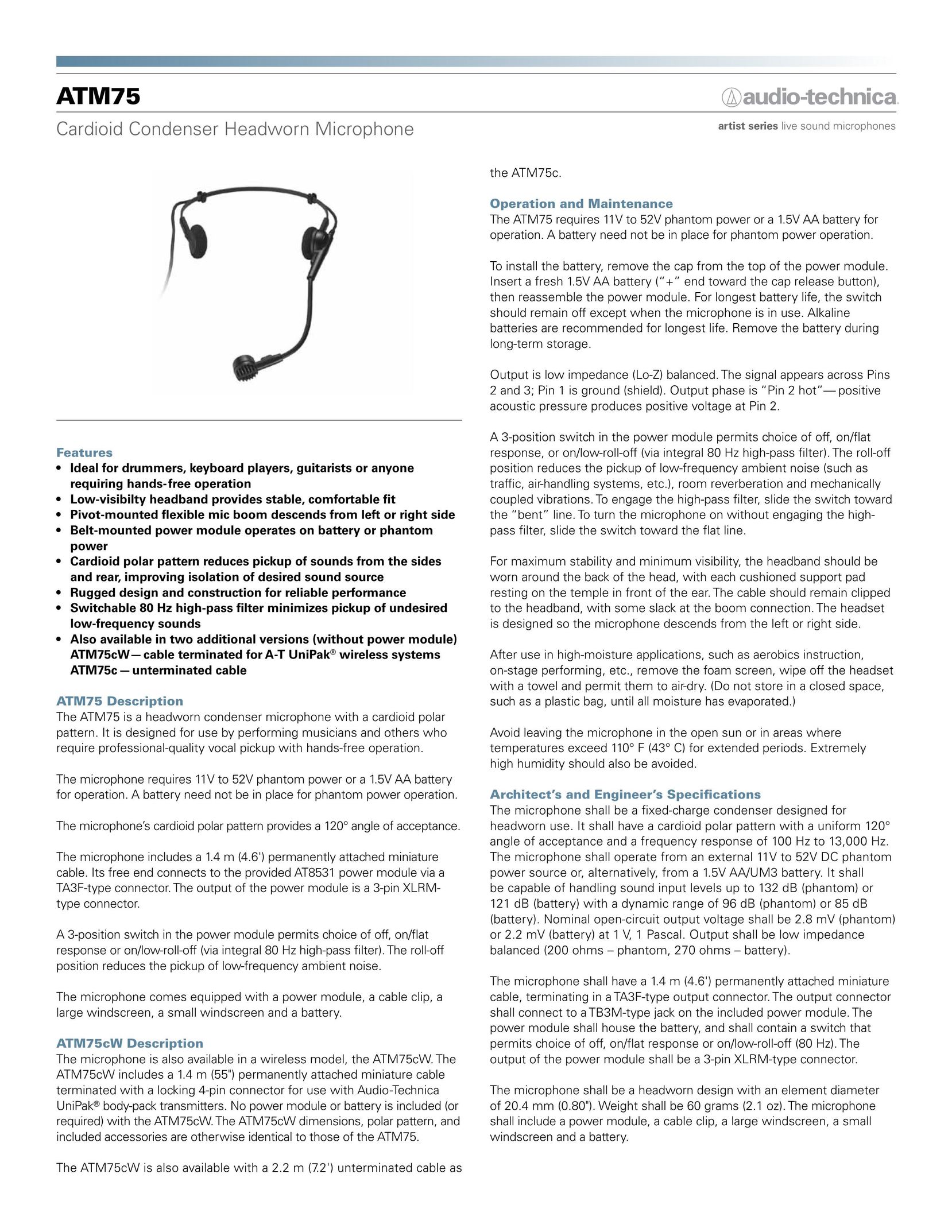 Audio-Technica ATM75 Headphones User Manual