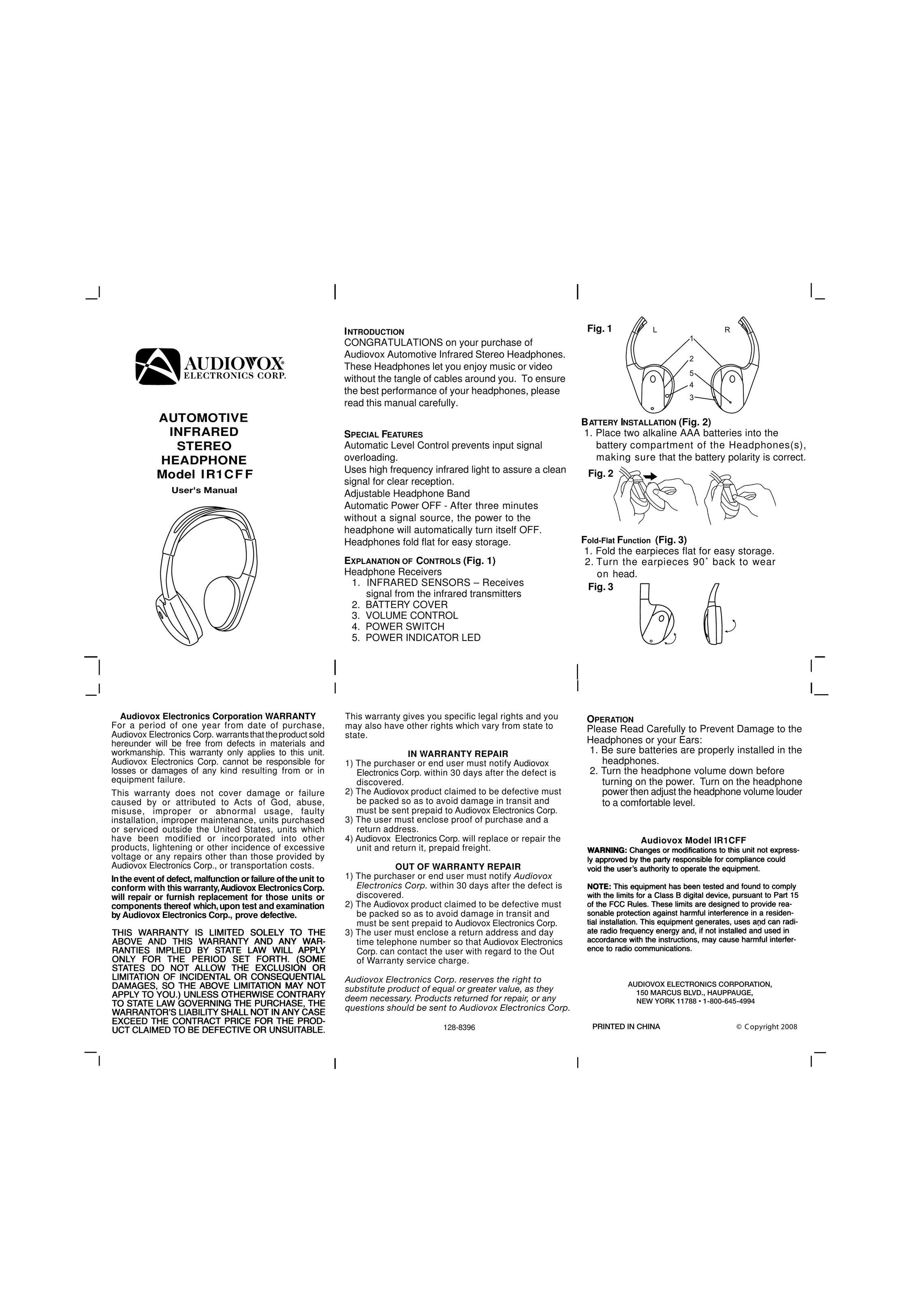 Audiovox IR1CFF Headphones User Manual