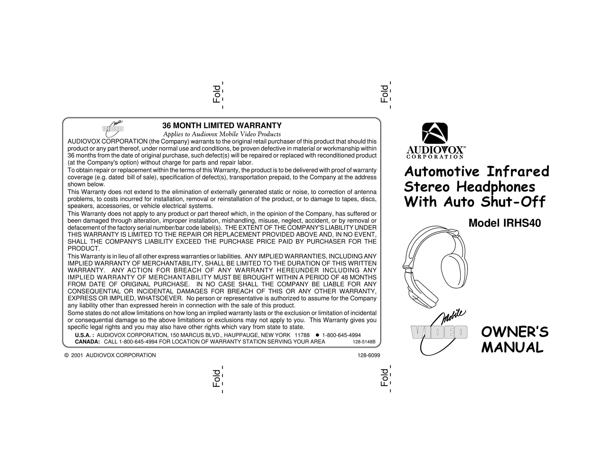 Audiovox IRHS40 Headphones User Manual