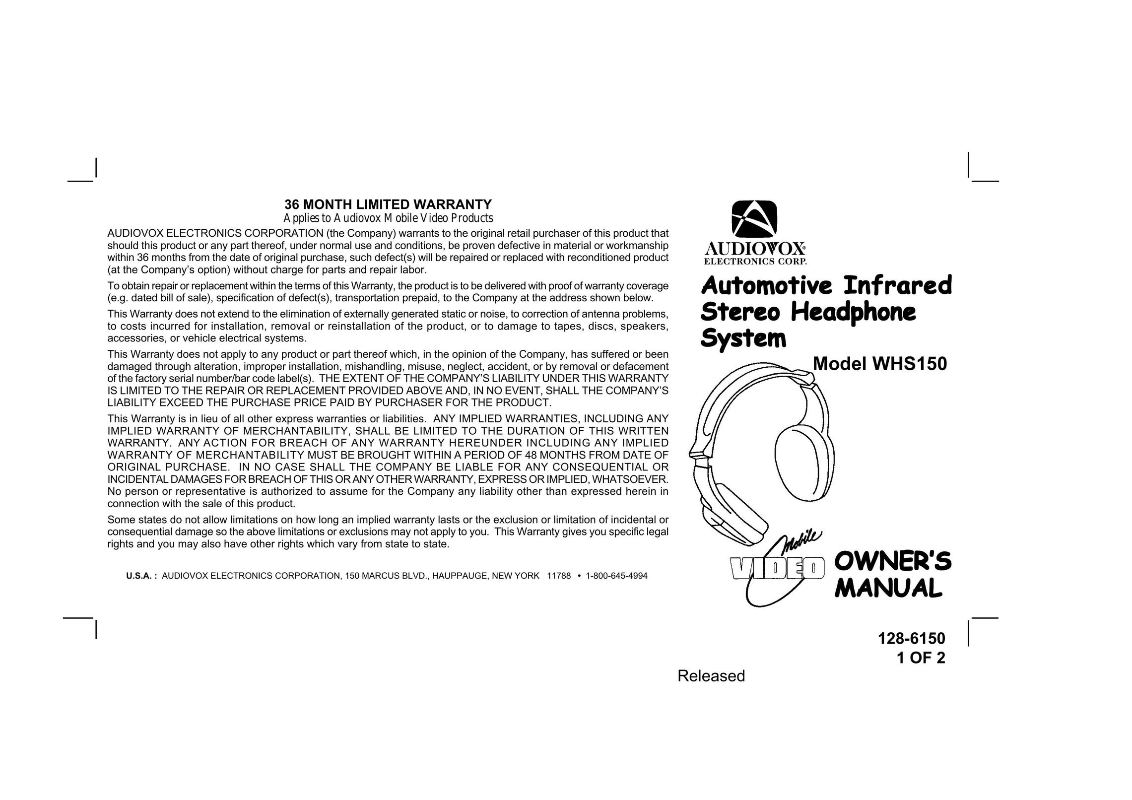 Audiovox WHS150 Headphones User Manual