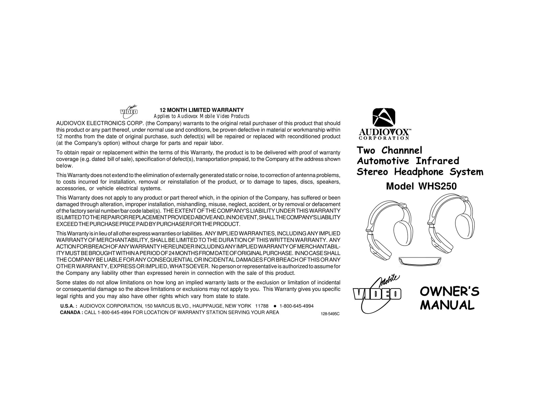 Audiovox WHS250 Headphones User Manual