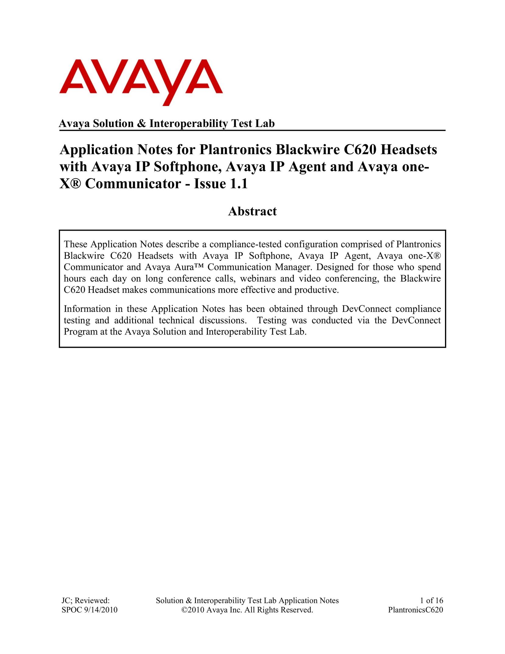 Avaya C620 Headphones User Manual