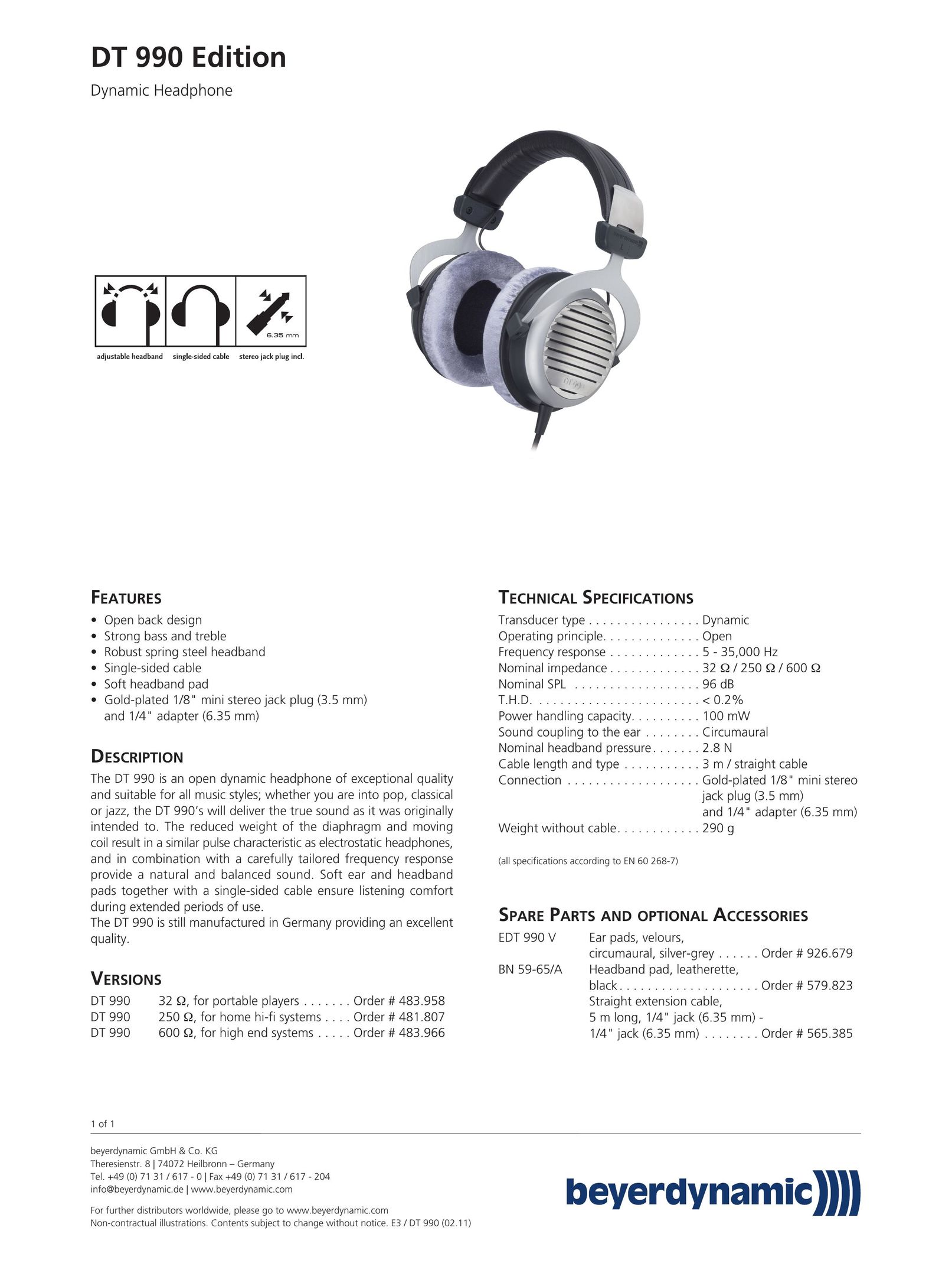 Beyerdynamic 481807 Headphones User Manual