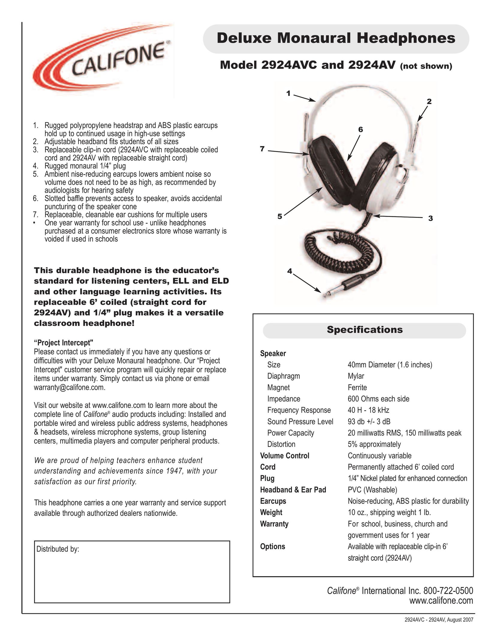Califone 2924AV Headphones User Manual