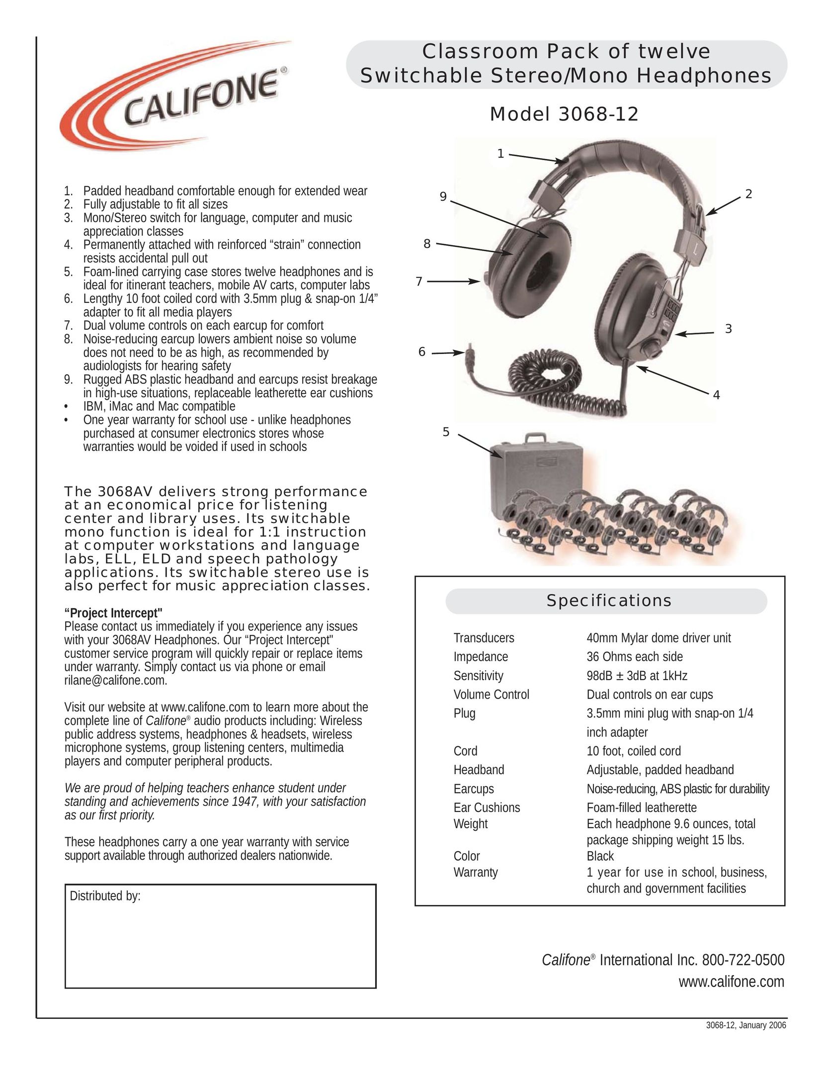 Califone 3068-12 Headphones User Manual