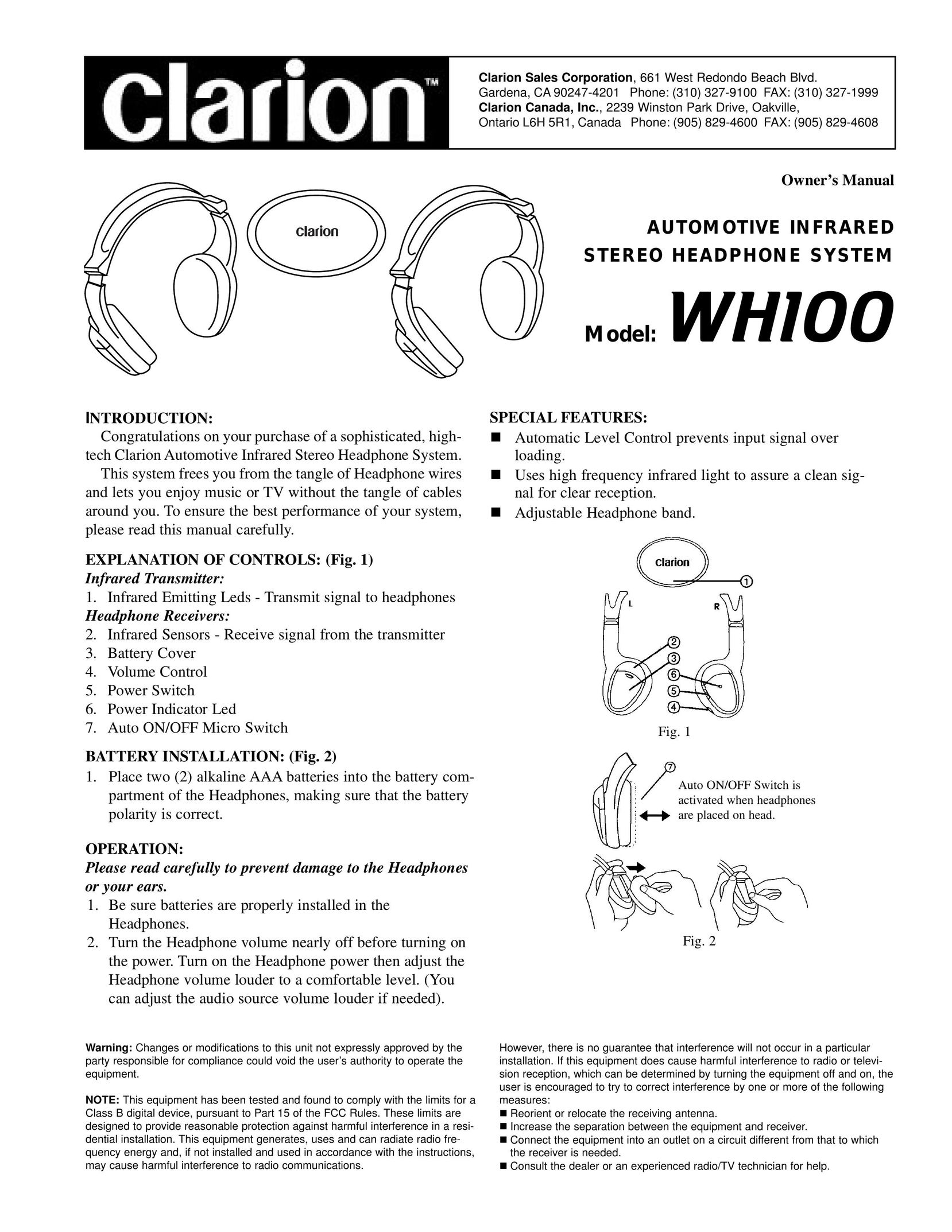 Clarion WH 100 Headphones User Manual