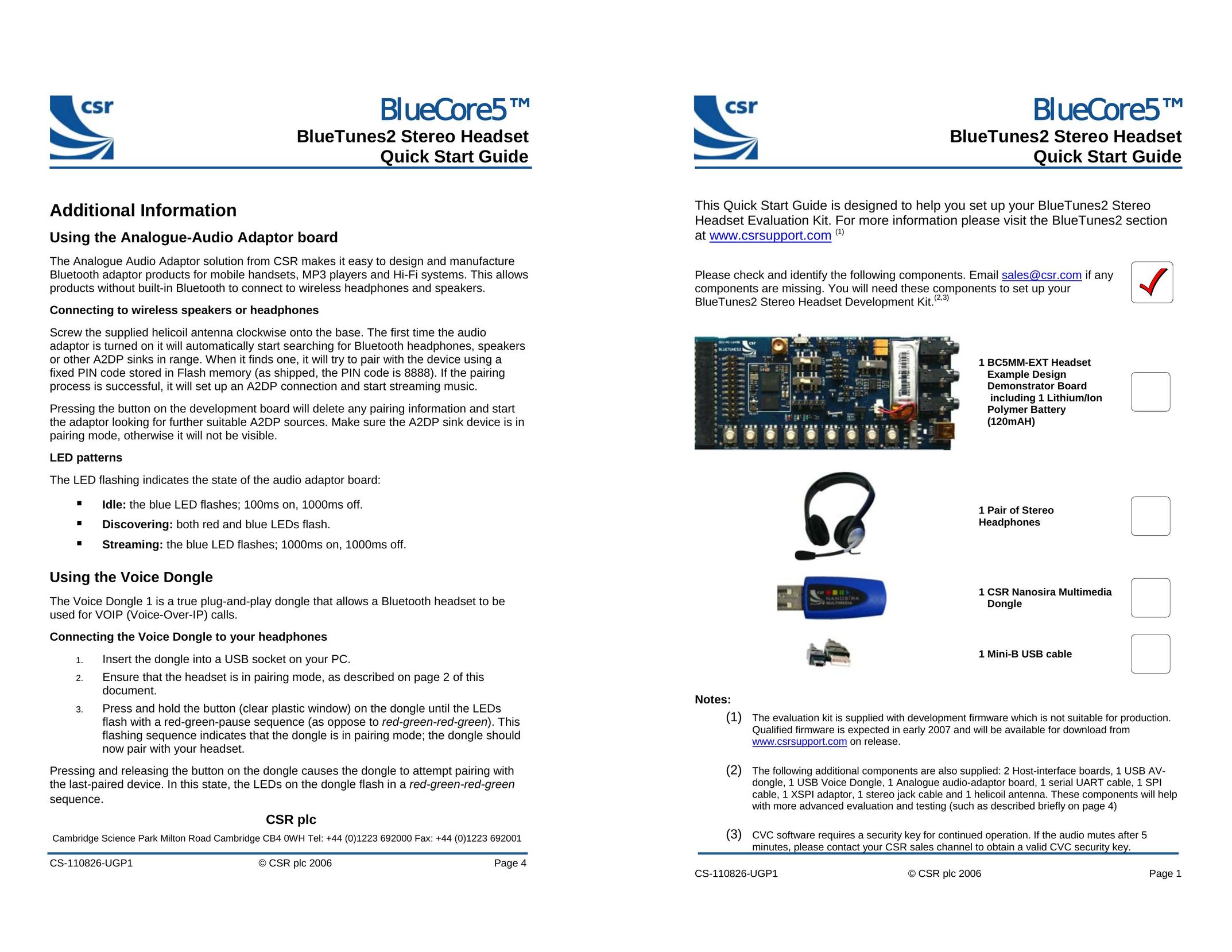 CSR Stereo Headset Headphones User Manual