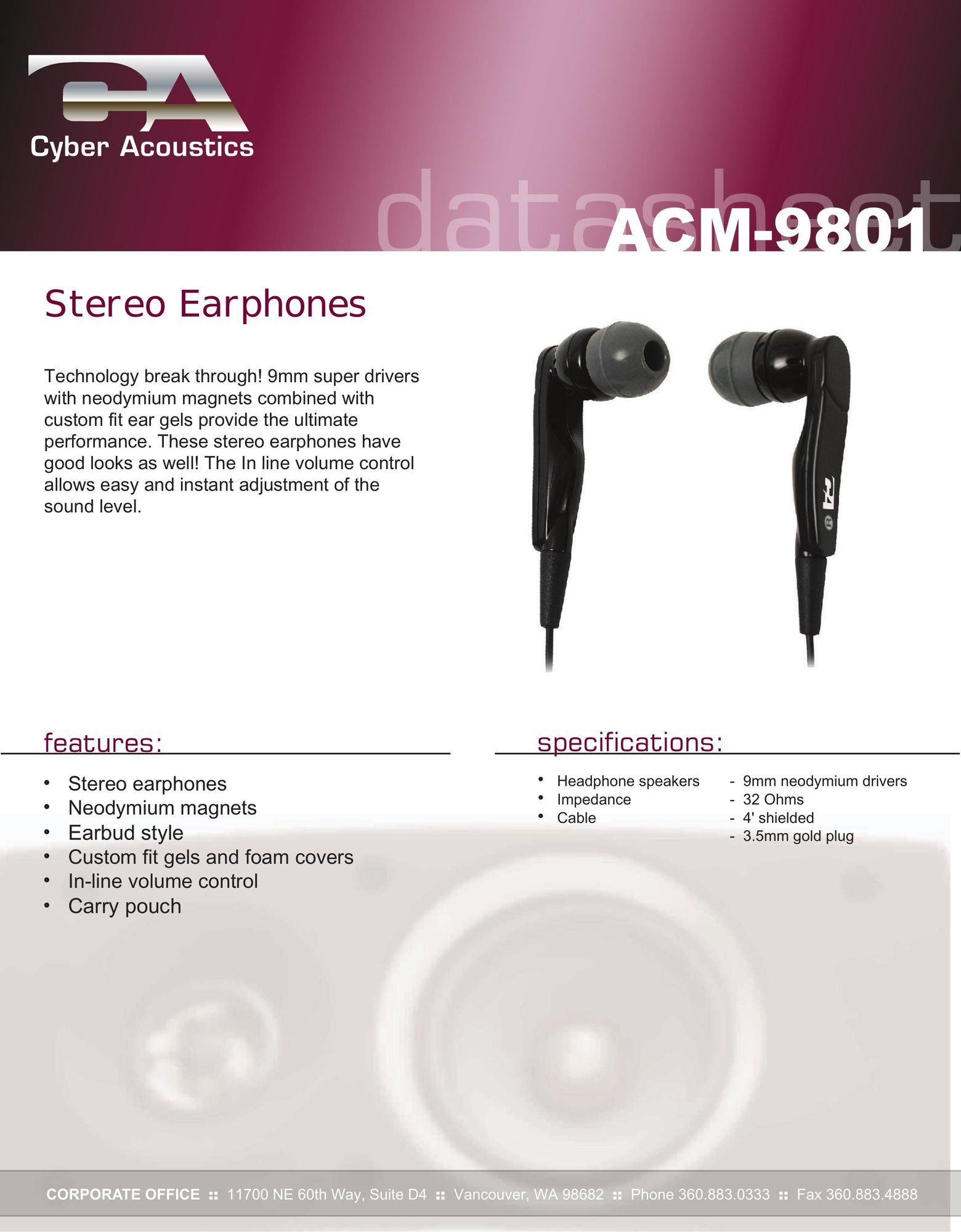 Cyber Acoustics ACM 9801 Headphones User Manual