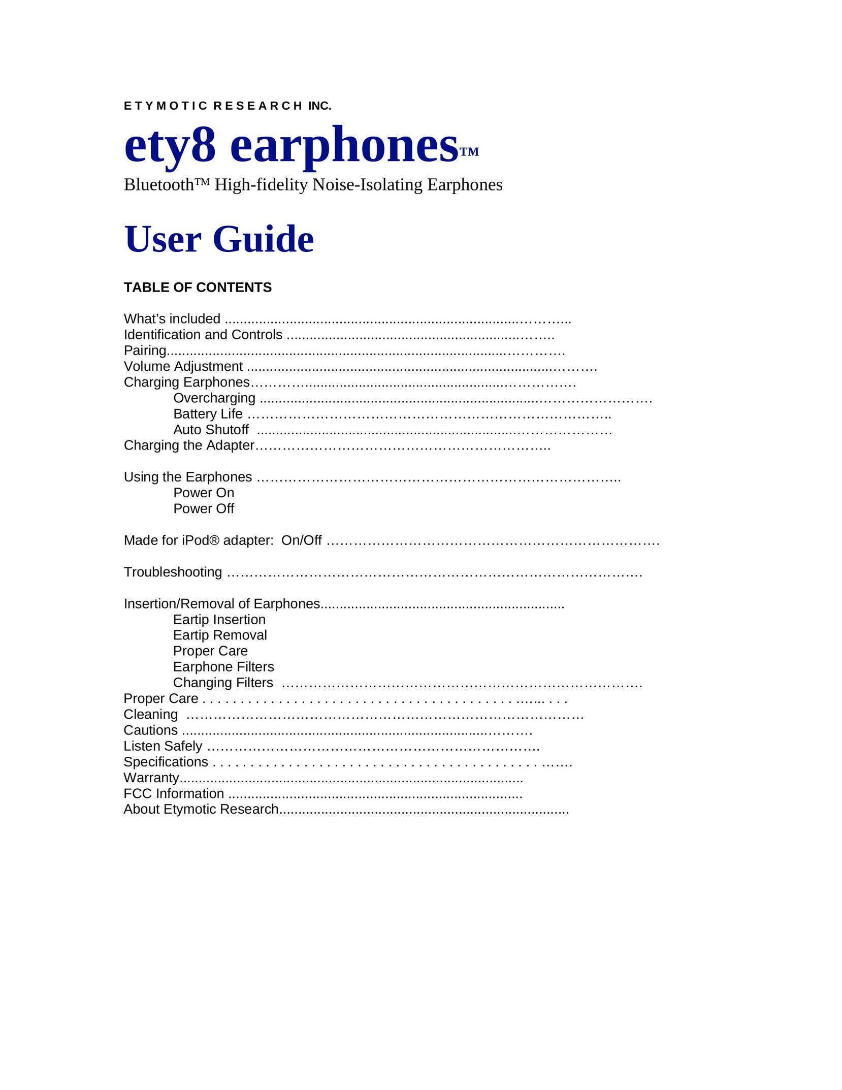 Etymotic Research Ety8 Headphones User Manual